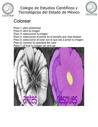 Colegio de Estudios Científicos y
    Tecnológicos del Estado de México

Colorear
Paso 1: abrir photoshop
Paso 2: abrir la imagen
Paso 3: seleccionar la imagen
Paso 4: seleccionar el pincel en el tamaño que mas desees
Paso 5: seleccionar el color con el que vas a pintar tu imagen
Paso 6: cambiar la opacidad del color
Paso 7: al final tu imagen se vera asi
 
