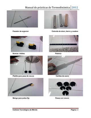 Manual de prácticas de Termodinámica 2012
Instituto Tecnológico de Mérida Página 10
Pasador de sujecion Colonda de alum.,hierro y madera
Nueces dobles Palanca
Platillo para pesa de ranura Varillas de acero
Mango para polea fija Pesas con ranura
 