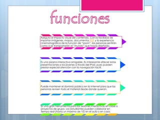 Asegura el impacto visual del contenido. Con la facilidad de
importar imágenes, mapas, documentos PDF y la experiencia
cinematográfica de la función de “zoom”, las personas sentirán
como si se transportarán al “mundo” que hayas diseñado.
Es una pizarra interactiva amigable. Es interesante ofrecer estas
presentaciones a los jóvenes a través del iPad, pues pueden
prestar especial atención con la navegación táctil.
Puede mantener el dominio público en la Internet para que las
personas revisen todo el material desde donde quieran.
Es una gran herramienta para las sesiones interactivas en clase o
proyectos de grupo. Los estudiantes pueden colaborar en
tiempo real (hasta un máximo de 10) en el aula o en casa.
 