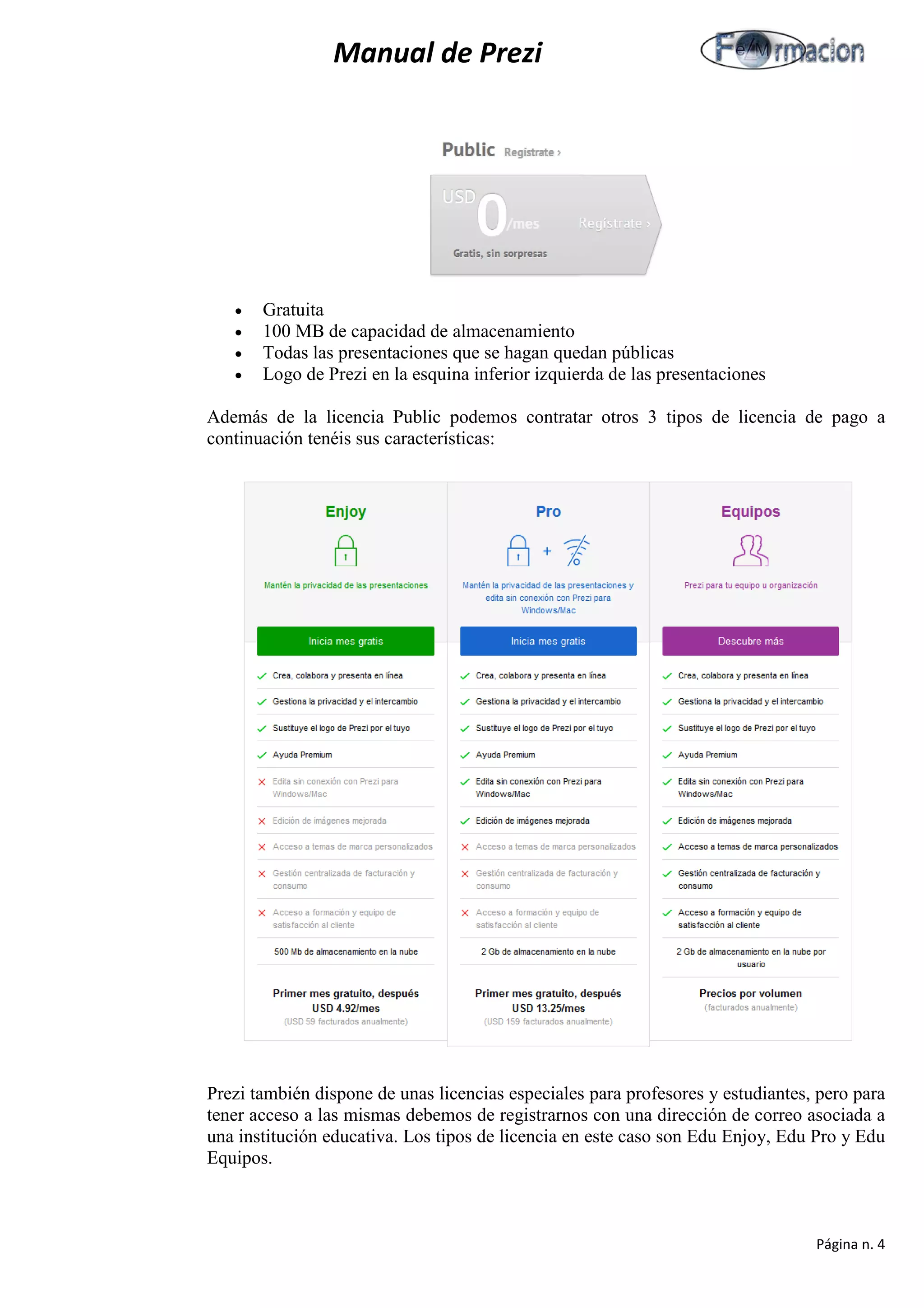 Manual de Prezi 
• Gratuita 
• 100 MB de capacidad de almacenamiento 
• Todas las presentaciones que se hagan quedan públicas 
• Logo de Prezi en la esquina inferior izquierda de las presentaciones 
Además de la licencia Public podemos contratar otros 3 tipos de licencia de pago a continuación tenéis sus características: 
Prezi también dispone de unas licencias especiales para profesores y estudiantes, pero para tener acceso a las mismas debemos de registrarnos con una dirección de correo asociada a una institución educativa. Los tipos de licencia en este caso son Edu Enjoy, Edu Pro y Edu Equipos. 
Página n. 4 
 