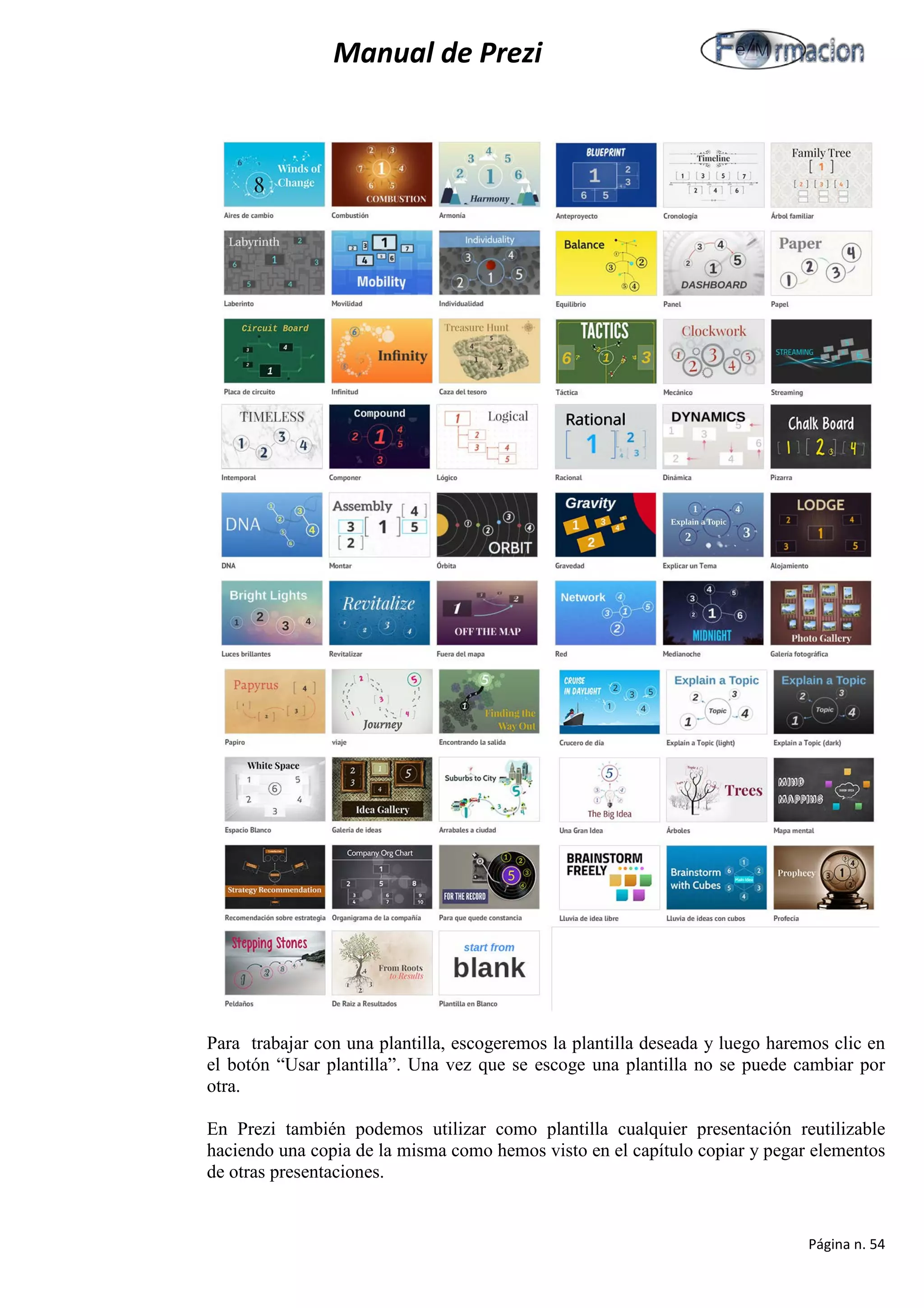Manual de Prezi 
Para trabajar con una plantilla, escogeremos la plantilla deseada y luego haremos clic en el botón “Usar plantilla”. Una vez que se escoge una plantilla no se puede cambiar por otra. 
En Prezi también podemos utilizar como plantilla cualquier presentación reutilizable haciendo una copia de la misma como hemos visto en el capítulo copiar y pegar elementos de otras presentaciones. 
Página n. 54 
 