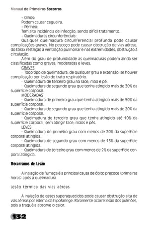 132
Manual de Primeiros Socorros
- Olhos:
Podem causar cegueira.
- Períneo:
Tem alta incidência de infecção, sendo difícil tratamento.
- Queimaduras circunferênciais:
Qualquer queimadura circunferencial profunda pode causar
complicações graves. No pescoço pode causar obstrução de vias aéreas,
do tórax restrição à ventilação pulmonar e nas extremidades, obstrução à
circulação.
Além do grau de profundidade as queimaduras podem ainda ser
classificadas como graves, moderadas e leves.
GRAVES
· Todo tipo de queimadura, de qualquer grau e extensão, se houver
complicação por lesão do trato respiratório.
· Queimadura de terceiro grau na face, mão e pé.
· Queimadura de segundo grau que tenha atingido mais de 30% da
superfície corporal.
MODERADAS
· Queimadura de primeiro grau que tenha atingido mais de 50% da
superfície corporal.
· Queimadura de segundo grau que tenha atingido mais de 20% da
superfície corporal.
· Queimadura de terceiro grau que tenha atingido até 10% da
superfície corporal, sem atingir face, mãos e pés.
LEVES
· Queimadura de primeiro grau com menos de 20% da superfície
corporal atingida.
· Queimadura de segundo grau com menos de 15% da superfície
corporal atingida.
· Queimadura de terceiro grau com menos de 2% da superfície cor-
poral atingida.
Mecanismos de Lesão
A inalação de fumaça é a principal causa de óbito precoce (primeiras
horas) após a queimadura.
Lesão térmica das vias aéreas
A inalação de gases superaquecidos pode causar obstrução alta de
vias aéreas por edema da hipofaringe. Raramente ocorre lesão dos pulmões,
pois a traquéia absorve o calor.
 