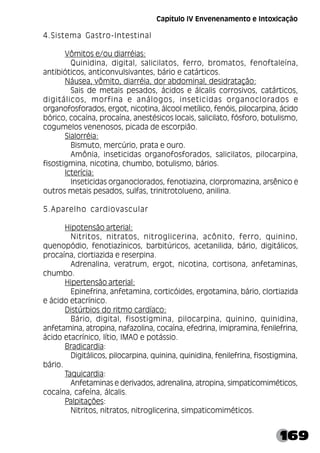 169
4.Sistema Gastro-Intestinal
Vômitos e/ou diarréias:
Quinidina, digital, salicilatos, ferro, bromatos, fenoftaleína,
antibióticos, anticonvulsivantes, bário e catárticos.
Náusea, vômito, diarréia, dor abdominal, desidratação:
Sais de metais pesados, ácidos e álcalis corrosivos, catárticos,
digitálicos, morfina e análogos, inseticidas organoclorados e
organofosforados, ergot, nicotina, álcool metílico, fenóis, pilocarpina, ácido
bórico, cocaína, procaína, anestésicos locais, salicilato, fósforo, botulismo,
cogumelos venenosos, picada de escorpião.
Sialorréia:
Bismuto, mercúrio, prata e ouro.
Amônia, inseticidas organofosforados, salicilatos, pilocarpina,
fisostigmina, nicotina, chumbo, botulismo, bários.
Icterícia:
Inseticidas organoclorados, fenotiazina, clorpromazina, arsênico e
outros metais pesados, sulfas, trinitrotolueno, anilina.
5.Aparelho cardiovascular
Hipotensão arterial:
Nitritos, nitratos, nitroglicerina, acônito, ferro, quinino,
quenopódio, fenotiazínicos, barbitúricos, acetanilida, bário, digitálicos,
procaína, clortiazida e reserpina.
Adrenalina, veratrum, ergot, nicotina, cortisona, anfetaminas,
chumbo.
Hipertensão arterial:
Epinefrina, anfetamina, corticóides, ergotamina, bário, clortiazida
e ácido etacrínico.
Distúrbios do ritmo cardíaco:
Bário, digital, fisostigmina, pilocarpina, quinino, quinidina,
anfetamina, atropina, nafazolina, cocaína, efedrina, imipramina, fenilefrina,
ácido etacrínico, lítio, IMAO e potássio.
Bradicardia:
Digitálicos, pilocarpina, quinina, quinidina, fenilefrina, fisostigmina,
bário.
Taquicardia:
Anfetaminas e derivados, adrenalina, atropina, simpaticomiméticos,
cocaína, cafeína, álcalis.
Palpitações:
Nitritos, nitratos, nitroglicerina, simpaticomiméticos.
Capítulo IV Envenenamento e Intoxicação
 
