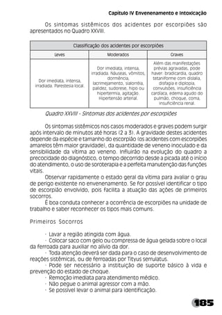 185
Os sintomas sistêmicos dos acidentes por escorpiões são
apresentados no Quadro XXVIII.
Quadro XXVIII - Sintomas dos acidentes por escorpiões
Os sintomas sistêmicos nos casos moderados e graves podem surgir
após intervalo de minutos até horas (2 a 3). A gravidade destes acidentes
depende da espécie e tamanho do escorpião (os acidentes com escorpiões
amarelos têm maior gravidade), da quantidade de veneno inoculado e da
sensibilidade da vítima ao veneno. Influirão na evolução do quadro a
precocidade do diagnóstico, o tempo decorrido desde a picada até o início
do atendimento, o uso de soroterapia e a perfeita manutenção das funções
vitais.
Observar rapidamente o estado geral da vítima para avaliar o grau
de perigo existente no envenenamento. Se for possível identificar o tipo
de escorpião envolvido, pois facilita a atuação das ações de primeiros
socorros.
É boa conduta conhecer a ocorrência de escorpiões na unidade de
trabalho e saber reconhecer os tipos mais comuns.
Primeiros Socorros
· Lavar a região atingida com água.
· Colocar saco com gelo ou compressa de água gelada sobre o local
da ferroada para auxiliar no alívio da dor.
· Toda atenção deverá ser dada para o caso de desenvolvimento de
reações sistêmicas, ou de ferroadas por Tityus serrulatus.
· Pode ser necessário a instituição de suporte básico à vida e
prevenção do estado de choque.
· Remoção imediata para atendimento médico.
· Não pegue o animal agressor com a mão.
· Se possível levar o animal para identificação.
s
e
õ
i
p
r
o
c
s
e
r
o
p
s
e
t
n
e
d
i
c
a
s
o
d
o
ã
ç
a
c
i
f
i
s
s
a
l
C s
e
õ
i
p
r
o
c
s
e
r
o
p
s
e
t
n
e
d
i
c
a
s
o
d
o
ã
ç
a
c
i
f
i
s
s
a
l
C s
e
õ
i
p
r
o
c
s
e
r
o
p
s
e
t
n
e
d
i
c
a
s
o
d
o
ã
ç
a
c
i
f
i
s
s
a
l
C s
e
õ
i
p
r
o
c
s
e
r
o
p
s
e
t
n
e
d
i
c
a
s
o
d
o
ã
ç
a
c
i
f
i
s
s
a
l
C s
e
õ
i
p
r
o
c
s
e
r
o
p
s
e
t
n
e
d
i
c
a
s
o
d
o
ã
ç
a
c
i
f
i
s
s
a
l
C
s
e
v
e
L s
e
v
e
L s
e
v
e
L s
e
v
e
L s
e
v
e
L s
o
d
a
r
e
d
o
M s
o
d
a
r
e
d
o
M s
o
d
a
r
e
d
o
M s
o
d
a
r
e
d
o
M s
o
d
a
r
e
d
o
M s
e
v
a
r
G s
e
v
a
r
G s
e
v
a
r
G s
e
v
a
r
G s
e
v
a
r
G
,
a
s
n
e
t
n
i
,
a
t
a
i
d
e
m
i
r
o
D
.
l
a
c
o
l
a
i
s
e
t
s
e
r
a
P
.
a
d
a
i
d
a
r
r
i
,
a
s
n
e
t
n
i
,
a
t
a
i
d
e
m
i
r
o
D
,
s
o
t
i
m
ô
v
,
s
a
e
s
u
á
N
.
a
d
a
i
d
a
r
r
i
,
a
i
c
n
ê
m
r
o
d
,
a
i
é
r
r
o
l
a
i
s
,
o
t
n
e
m
a
j
e
m
i
r
c
a
l
u
o
o
p
i
h
,
e
s
e
r
o
d
u
s
,
z
e
d
i
l
a
p
.
o
ã
ç
a
t
i
g
a
,
a
i
m
r
e
t
r
e
p
i
h
.
l
a
i
r
e
t
r
a
o
ã
s
n
e
t
r
e
p
i
H
s
e
õ
ç
a
t
s
e
f
i
n
a
m
s
a
d
m
é
l
A
e
d
o
p
,
s
a
d
a
v
a
r
g
a
s
a
i
v
é
r
p
o
r
d
a
u
q
,
a
i
d
r
a
c
i
d
a
r
b
:
r
e
v
a
h
,
a
i
l
a
l
s
i
d
m
o
c
e
m
r
o
f
i
n
a
t
e
t
,
a
i
p
o
l
p
i
d
e
a
i
g
a
f
s
i
d
a
i
c
n
ê
i
c
i
f
u
s
n
i
,
s
e
õ
s
l
u
v
n
o
c
o
d
o
d
u
g
a
a
m
e
d
e
,
a
c
a
í
d
r
a
c
,
a
m
o
c
,
e
u
q
o
h
c
,
o
ã
m
l
u
p
.
l
a
n
e
r
a
i
c
n
ê
i
c
i
f
u
s
n
i
Capítulo IV Envenenamento e Intoxicação
 