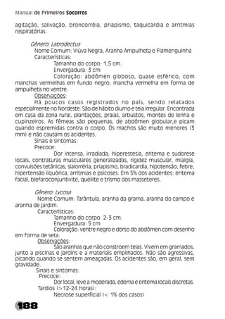 188
Manual de Primeiros Socorros
agitação, salivação, broncorréia, priapismo, taquicardia e arritmias
respiratórias.
Gênero: Latrodectus
Nome Comum: Viúva Negra, Aranha Ampulheta e Flamenguinha
Características:
Tamanho do corpo: 1,5 cm.
Envergadura: 3 cm
Coloração: abdômen globoso, quase esférico, com
manchas vermelhas em fundo negro; mancha vermelha em forma de
ampulheta no ventre.
Observações:
Há poucos casos registrados no país, sendo relatados
especialmente no Nordeste. São de hábito diurno e teia irregular. Encontrada
em casa da zona rural, plantações, praias, arbustos, montes de lenha e
cupinzeiros. As fêmeas são pequenas, de abdômen globular,e picam
quando espremidas contra o corpo. Os machos são muito menores (3
mm) e não causam os acidentes.
Sinais e sintomas:
Precoce:
Dor intensa, irradiada; hiperestesia, eritema e sudorese
locais, contraturas musculares generalizadas, rigidez muscular, mialgia,
convulsões tetânicas, sialorréria, priapismo, bradicardia, hipotensão, febre,
hipertensão liquórica, arritmias e psicoses. Em 5% dos acidentes: eritema
facial, blefaroconjuntivite, queilite e trismo dos masseteres.
Gênero: Lycosa
Nome Comum: Tarântula, aranha da grama, aranha do campo e
aranha de jardim.
Características:
Tamanho do corpo: 2-3 cm.
Envergadura: 5 cm
Coloração: ventre negro e dorso do abdômen com desenho
em forma de seta.
Observações:
São aranhas que não constroem teias. Vivem em gramados,
junto a piscinas e jardins e a materiais empilhados. Não são agressivas,
picando quando se sentem ameaçadas. Os acidentes são, em geral, sem
gravidade.
Sinais e sintomas:
Precoce:
Dor local, leve a moderada, edema e eritema locais discretas.
Tardios (>12-24 horas):
Necrose superficial (< 1% dos casos)
 