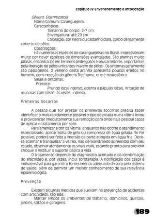 189
Gênero: Grammostola
Nome Comum: Caranguejeira
Características:
Tamanho do corpo: 2-7 cm.
Envergadura: até 20 cm
Coloração: cor negra ou castanho clara, corpo densamente
coberto de pêlos.
Observações:
Há numerosas espécies de caranguejeiras no Brasil. Impressionam
muito por haver espécies de dimensões avantajadas. São aranhas muito
pilosas, encontradas em terrenos pedregosos e seus arredores, importantes
pela liberação de pêlos urticantes (nuvem de pêlos). Os sintomas geralmente
são passageiros. O veneno desta aranha apresenta poucos efeitos no
homem, com exceção do gênero Trechoma, que é neurotóxico.
Sinais e sintomas:
Precoce:
Prurido local intenso; edema e pápulas locais, irritação de
mucosas com tosse, às vezes, intensa.
Primeiros Socorros
A pessoa que for prestar os primeiros socorros precisa saber
identificar o mais rapidamente possível o tipo de picada que a vítima levou
e providenciar imediatamente sua remoção para onde haja pessoal capaz
de aplicar o tratamento por soro.
Para amenizar a dor da vítima, enquanto não ocorre o atendimento
especializado, aplicar bolsa de gelo ou compressa de água gelada. Se for
possível, poderá ser feita a imersão da parte atingida em água fria. Deve-
se acalmar e tranqüilizar a vítima, não demonstrando apreensão com seu
estado, observar atentamente os sinais vitais, estando pronto para prevenir
choque e instituir o suporte básico à vida.
O tratamento depende do diagnóstico acertado e da identificação
do aracnídeo e, por vezes, inclui soroterapia. A notificação dos casos é
indispensável para garantir o fornecimento adequado de soro pelo sistema
de saúde, além de permitir um melhor conhecimento de sua relevância
epidemiológica.
Prevenção
Existem algumas medidas que auxiliam na prevenção de acidentes
com aracnídeos, são elas:
· Manter limpos os ambientes de trabalho, domicílios, quintais,
jardins, sótãos e garagens.
Capítulo IV Envenenamento e Intoxicação
 