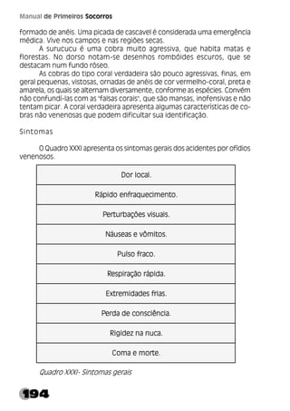 194
Manual de Primeiros Socorros
formado de anéis. Uma picada de cascavel é considerada uma emergência
médica. Vive nos campos e nas regiões secas.
A surucucu é uma cobra muito agressiva, que habita matas e
florestas. No dorso notam-se desenhos rombóides escuros, que se
destacam num fundo róseo.
As cobras do tipo coral verdadeira são pouco agressivas, finas, em
geral pequenas, vistosas, ornadas de anéis de cor vermelho-coral, preta e
amarela, os quais se alternam diversamente, conforme as espécies. Convém
não confundí-las com as "falsas corais", que são mansas, inofensivas e não
tentam picar. A coral verdadeira apresenta algumas características de co-
bras não venenosas que podem dificultar sua identificação.
Sintomas
O Quadro XXXI apresenta os sintomas gerais dos acidentes por ofídios
venenosos.
Quadro XXXI- Sintomas gerais
.
l
a
c
o
l
r
o
D .
l
a
c
o
l
r
o
D .
l
a
c
o
l
r
o
D .
l
a
c
o
l
r
o
D .
l
a
c
o
l
r
o
D
.
o
t
n
e
m
i
c
e
u
q
a
r
f
n
e
o
d
i
p
á
R .
o
t
n
e
m
i
c
e
u
q
a
r
f
n
e
o
d
i
p
á
R .
o
t
n
e
m
i
c
e
u
q
a
r
f
n
e
o
d
i
p
á
R .
o
t
n
e
m
i
c
e
u
q
a
r
f
n
e
o
d
i
p
á
R .
o
t
n
e
m
i
c
e
u
q
a
r
f
n
e
o
d
i
p
á
R
.
s
i
a
u
s
i
v
s
e
õ
ç
a
b
r
u
t
r
e
P .
s
i
a
u
s
i
v
s
e
õ
ç
a
b
r
u
t
r
e
P .
s
i
a
u
s
i
v
s
e
õ
ç
a
b
r
u
t
r
e
P .
s
i
a
u
s
i
v
s
e
õ
ç
a
b
r
u
t
r
e
P .
s
i
a
u
s
i
v
s
e
õ
ç
a
b
r
u
t
r
e
P
.
s
o
t
i
m
ô
v
e
s
a
e
s
u
á
N .
s
o
t
i
m
ô
v
e
s
a
e
s
u
á
N .
s
o
t
i
m
ô
v
e
s
a
e
s
u
á
N .
s
o
t
i
m
ô
v
e
s
a
e
s
u
á
N .
s
o
t
i
m
ô
v
e
s
a
e
s
u
á
N
.
o
c
a
r
f
o
s
l
u
P .
o
c
a
r
f
o
s
l
u
P .
o
c
a
r
f
o
s
l
u
P .
o
c
a
r
f
o
s
l
u
P .
o
c
a
r
f
o
s
l
u
P
.
a
d
i
p
á
r
o
ã
ç
a
r
i
p
s
e
R .
a
d
i
p
á
r
o
ã
ç
a
r
i
p
s
e
R .
a
d
i
p
á
r
o
ã
ç
a
r
i
p
s
e
R .
a
d
i
p
á
r
o
ã
ç
a
r
i
p
s
e
R .
a
d
i
p
á
r
o
ã
ç
a
r
i
p
s
e
R
.
s
a
i
r
f
s
e
d
a
d
i
m
e
r
t
x
E .
s
a
i
r
f
s
e
d
a
d
i
m
e
r
t
x
E .
s
a
i
r
f
s
e
d
a
d
i
m
e
r
t
x
E .
s
a
i
r
f
s
e
d
a
d
i
m
e
r
t
x
E .
s
a
i
r
f
s
e
d
a
d
i
m
e
r
t
x
E
.
a
i
c
n
ê
i
c
s
n
o
c
e
d
a
d
r
e
P .
a
i
c
n
ê
i
c
s
n
o
c
e
d
a
d
r
e
P .
a
i
c
n
ê
i
c
s
n
o
c
e
d
a
d
r
e
P .
a
i
c
n
ê
i
c
s
n
o
c
e
d
a
d
r
e
P .
a
i
c
n
ê
i
c
s
n
o
c
e
d
a
d
r
e
P
.
a
c
u
n
a
n
z
e
d
i
g
i
R .
a
c
u
n
a
n
z
e
d
i
g
i
R .
a
c
u
n
a
n
z
e
d
i
g
i
R .
a
c
u
n
a
n
z
e
d
i
g
i
R .
a
c
u
n
a
n
z
e
d
i
g
i
R
.
e
t
r
o
m
e
a
m
o
C .
e
t
r
o
m
e
a
m
o
C .
e
t
r
o
m
e
a
m
o
C .
e
t
r
o
m
e
a
m
o
C .
e
t
r
o
m
e
a
m
o
C
 