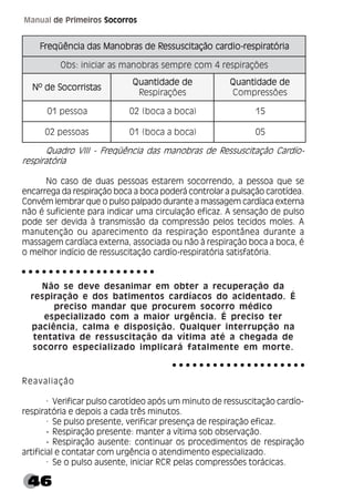 46
Manual de Primeiros Socorros
Quadro VIII - Freqüência das manobras de Ressuscitação Cardío-
respiratória
No caso de duas pessoas estarem socorrendo, a pessoa que se
encarrega da respiração boca a boca poderá controlar a pulsação carotídea.
Convém lembrar que o pulso palpado durante a massagem cardíaca externa
não é suficiente para indicar uma circulação eficaz. A sensação de pulso
pode ser devida à transmissão da compressão pelos tecidos moles. A
manutenção ou aparecimento da respiração espontânea durante a
massagem cardíaca externa, associada ou não à respiração boca a boca, é
o melhor indício de ressuscitação cardío-respiratória satisfatória.
Não se deve desanimar em obter a recuperação da
respiração e dos batimentos cardíacos do acidentado. É
preciso mandar que procurem socorro médico
especializado com a maior urgência. É preciso ter
paciência, calma e disposição. Qualquer interrupção na
tentativa de ressuscitação da vítima até a chegada de
socorro especializado implicará fatalmente em morte.
Reavaliação
· Verificar pulso carotídeo após um minuto de ressuscitação cardío-
respiratória e depois a cada três minutos.
· Se pulso presente, verificar presença de respiração eficaz.
- Respiração presente: manter a vítima sob observação.
- Respiração ausente: continuar os procedimentos de respiração
artificial e contatar com urgência o atendimento especializado.
· Se o pulso ausente, iniciar RCR pelas compressões torácicas.
a
i
r
ó
t
a
r
i
p
s
e
r
-
o
i
d
r
a
c
o
ã
ç
a
t
i
c
s
u
s
s
e
R
e
d
s
a
r
b
o
n
a
M
s
a
d
a
i
c
n
ê
ü
q
e
r
F a
i
r
ó
t
a
r
i
p
s
e
r
-
o
i
d
r
a
c
o
ã
ç
a
t
i
c
s
u
s
s
e
R
e
d
s
a
r
b
o
n
a
M
s
a
d
a
i
c
n
ê
ü
q
e
r
F a
i
r
ó
t
a
r
i
p
s
e
r
-
o
i
d
r
a
c
o
ã
ç
a
t
i
c
s
u
s
s
e
R
e
d
s
a
r
b
o
n
a
M
s
a
d
a
i
c
n
ê
ü
q
e
r
F a
i
r
ó
t
a
r
i
p
s
e
r
-
o
i
d
r
a
c
o
ã
ç
a
t
i
c
s
u
s
s
e
R
e
d
s
a
r
b
o
n
a
M
s
a
d
a
i
c
n
ê
ü
q
e
r
F a
i
r
ó
t
a
r
i
p
s
e
r
-
o
i
d
r
a
c
o
ã
ç
a
t
i
c
s
u
s
s
e
R
e
d
s
a
r
b
o
n
a
M
s
a
d
a
i
c
n
ê
ü
q
e
r
F
s
e
õ
ç
a
r
i
p
s
e
r
4
m
o
c
e
r
p
m
e
s
s
a
r
b
o
n
a
m
s
a
r
a
i
c
i
n
i
:
s
b
O
s
a
t
s
i
r
r
o
c
o
S
e
d
º
N s
a
t
s
i
r
r
o
c
o
S
e
d
º
N s
a
t
s
i
r
r
o
c
o
S
e
d
º
N s
a
t
s
i
r
r
o
c
o
S
e
d
º
N s
a
t
s
i
r
r
o
c
o
S
e
d
º
N
e
d
e
d
a
d
i
t
n
a
u
Q e
d
e
d
a
d
i
t
n
a
u
Q e
d
e
d
a
d
i
t
n
a
u
Q e
d
e
d
a
d
i
t
n
a
u
Q e
d
e
d
a
d
i
t
n
a
u
Q
s
e
õ
ç
a
r
i
p
s
e
R
e
d
e
d
a
d
i
t
n
a
u
Q e
d
e
d
a
d
i
t
n
a
u
Q e
d
e
d
a
d
i
t
n
a
u
Q e
d
e
d
a
d
i
t
n
a
u
Q e
d
e
d
a
d
i
t
n
a
u
Q
s
e
õ
s
s
e
r
p
m
o
C
a
o
s
s
e
p
1
0 )
a
c
o
b
a
a
c
o
b
(
2
0 5
1
s
a
o
s
s
e
p
2
0 )
a
c
o
b
a
a
c
o
b
(
1
0 5
0
○ ○ ○ ○ ○ ○ ○ ○ ○ ○ ○ ○ ○ ○ ○ ○ ○ ○ ○ ○
○ ○ ○ ○ ○ ○ ○ ○ ○ ○ ○ ○ ○ ○ ○ ○ ○ ○ ○ ○
 