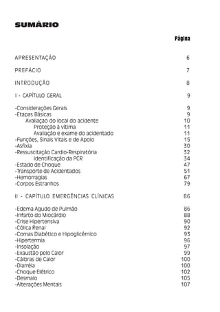 4
Manual de Primeiros Socorros
SUMÁRIO
Página
APRESENTAÇÃO 6
PREFÁCIO 7
INTRODUÇÃO 8
I - CAPÍTULO GERAL 9
­Considerações Gerais 9
­Etapas Básicas 9
Avaliaçao do local do acidente 10
Proteção à vítima 11
Avaliação e exame do acidentado 11
­Funções, Sinais Vitais e de Apoio 15
­Asfixia 30
­Ressuscitação Cardio-Respiratória 32
Identificação da PCR 34
­Estado de Choque 47
­Transporte de Acidentados 51
­Hemorragias 67
­Corpos Estranhos 79
II - CAPÍTULO EMERGÊNCIAS CLÍNICAS 86
­Edema Agudo de Pulmão 86
­Infarto do Miocárdio 88
­Crise Hipertensiva 90
­Cólica Renal 92
­Comas Diabético e Hipoglicêmico 93
­Hipertermia 96
­Insolação 97
­Exaustão pelo Calor 99
­Cãibras de Calor 100
­Diarréia 100
­Choque Elétrico 102
­Desmaio 105
­Alterações Mentais 107
 