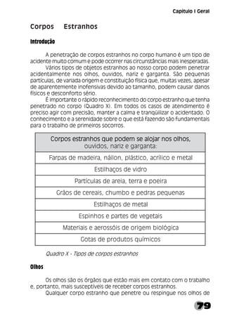 79
Capítulo I Geral
Corpos Estranhos
Introdução
A penetração de corpos estranhos no corpo humano é um tipo de
acidente muito comum e pode ocorrer nas circunstâncias mais inesperadas.
Vários tipos de objetos estranhos ao nosso corpo podem penetrar
acidentalmente nos olhos, ouvidos, nariz e garganta. São pequenas
partículas, de variada origem e constituição física que, muitas vezes, apesar
de aparentemente inofensivas devido ao tamanho, podem causar danos
físicos e desconforto sério.
É importante o rápido reconhecimento do corpo estranho que tenha
penetrado no corpo (Quadro X). Em todos os casos de atendimento é
preciso agir com precisão, manter a calma e tranqüilizar o acidentado. O
conhecimento e a serenidade sobre o que está fazendo são fundamentais
para o trabalho de primeiros socorros.
Quadro X - Tipos de corpos estranhos
Olhos
Os olhos são os órgãos que estão mais em contato com o trabalho
e, portanto, mais susceptíveis de receber corpos estranhos.
Qualquer corpo estranho que penetre ou respingue nos olhos de
,
s
o
h
l
o
s
o
n
r
a
j
o
l
a
e
s
m
e
d
o
p
e
u
q
s
o
h
n
a
r
t
s
e
s
o
p
r
o
C ,
s
o
h
l
o
s
o
n
r
a
j
o
l
a
e
s
m
e
d
o
p
e
u
q
s
o
h
n
a
r
t
s
e
s
o
p
r
o
C ,
s
o
h
l
o
s
o
n
r
a
j
o
l
a
e
s
m
e
d
o
p
e
u
q
s
o
h
n
a
r
t
s
e
s
o
p
r
o
C ,
s
o
h
l
o
s
o
n
r
a
j
o
l
a
e
s
m
e
d
o
p
e
u
q
s
o
h
n
a
r
t
s
e
s
o
p
r
o
C ,
s
o
h
l
o
s
o
n
r
a
j
o
l
a
e
s
m
e
d
o
p
e
u
q
s
o
h
n
a
r
t
s
e
s
o
p
r
o
C
:
a
t
n
a
g
r
a
g
e
z
i
r
a
n
,
s
o
d
i
v
u
o
l
a
t
e
m
e
o
c
i
l
í
r
c
a
,
o
c
i
t
s
á
l
p
,
n
o
l
i
á
n
,
a
r
i
e
d
a
m
e
d
s
a
p
r
a
F
o
r
d
i
v
e
d
s
o
ç
a
h
l
i
t
s
E
a
r
i
e
o
p
e
a
r
r
e
t
,
a
i
e
r
a
e
d
s
a
l
u
c
í
t
r
a
P
s
a
n
e
u
q
e
p
s
a
r
d
e
p
e
o
b
m
u
h
c
,
s
i
a
e
r
e
c
e
d
s
o
ã
r
G
l
a
t
e
m
e
d
s
o
ç
a
h
l
i
t
s
E
s
i
a
t
e
g
e
v
e
d
s
e
t
r
a
p
e
s
o
h
n
i
p
s
E
a
c
i
g
ó
l
o
i
b
m
e
g
i
r
o
e
d
s
i
ó
s
s
o
r
e
a
e
s
i
a
i
r
e
t
a
M
s
o
c
i
m
í
u
q
s
o
t
u
d
o
r
p
e
d
s
a
t
o
G
 