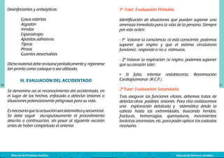 Desinfectantes y antisépticos:

1ª Fase: Evaluación Primaria.

	
Gasas estériles
	Algodón
	Vendas
	Esparadrapo
	
Apósitos adhesivos
	Tijeras
	Pinzas
	
Guantes desechables

Identificación de situaciones que puedan suponer una
amenaza inmediata para la vida de la persona. Siempre
por este orden:

Dicho material debe revisarse periódicamente y reponerse
tan pronto como caduque o sea utilizado.

20

III. EVALUACIÓN DEL ACCIDENTADO
Se denomina así al reconocimiento del accidentado, en
el lugar de los hechos, enfocado a detectar lesiones o
situaciones potencialmente peligrosas para su vida.
Es necesario que la actuación sea sistemática y secuencial.
Se debe seguir escrupulosamente el procedimiento
descrito a continuación, sin pasar al siguiente escalón
antes de haber completado el anterior.

Manual de Primeros Auxilios

- 1º Valorar la consciencia (si está consciente, podemos
suponer que respira y que el sistema circulatorio
funciona): responde o no a estímulos.
- 2ª Valorar la respiración (si respira, podemos suponer
que su corazón late):
• Si falta, intentar restablecerla,
Cardiopulmonar (R.C.P.).

Reanimación

2ª Fase: Evaluación Secundaria.
Tras asegurar las funciones vitales, debemos tratar de
detectar otras posibles lesiones. Para ello realizaremos
una exploración detallada y sistemática desde la
cabeza hasta las extremidades, buscando heridas,
fracturas, hemorragias, quemaduras, movimientos
torácicos anormales, etc. para poder aplicar los cuidados
necesario.

Manual de Primeros Auxilios

21

 