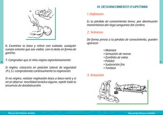  

VI. DESVANECIMIENTO O LIPOTIMIA
1. Definición
Es la pérdida de conocimiento breve, por disminución
momentánea del riego sanguíneo del cerebro.

2. Síntomas

6. Examinar la boca y retirar con cuidado, cualquier
cuerpo extraño que sea visible, con el dedo en forma de
gancho.
44

7. Comprobar que el niño respira espontáneamente:
Si respira, colocarlo en posición lateral de seguridad
(P.L.S.) comprobando continuamente la respiración.
Si no respira, realizar respiración boca a boca-nariz y si
no se observa movilidad torácica alguna, repetir toda la
secuencia de desobstrucción.

Manual de Primeros Auxilios

De forma previa a la pérdida de conocimiento, pueden
aparecer:
	
	
	
	
	
	

• Malestar
• Sensación de mareo
• Zumbido de oídos
• Palidez
• Sudoración fría
• Temblor

3. Actuación
	
  

Manual de Primeros Auxilios

45

 