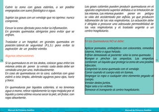 Cubrir la zona con gasas estériles, a ser posible
empapadas con suero fisiológico o agua.
Sujetar las gasas con un vendaje que no oprima: nunca
comprimir.
Elevar la zona afectada para evitar la inflamación.
En grandes quemados abrigarles para evitar que se
enfríen.
Trasladar a un hospital: en grandes quemados en
posición lateral de seguridad (P.L.S.) para evitar la
aspiración de un posible vómito.
Algunas observaciones
74

Si la quemadura es en los dedos, colocar gasa entre los
mismos antes de poner la venda: cada dedo debe ser
vendado uno por uno, individualmente.
En caso de quemaduras en la cara, cubrirlas con gasa
estéril o tela limpia, abriendo agujeros para ojos, nariz
y boca.
En quemaduras por líquidos calientes, si no tenemos
agua a mano, retirar rápidamente la ropa mojada por el
líquido y como último recurso secar la piel, sin frotar, con
ropa absorbente.

Manual de Primeros Auxilios

Los gases calientes pueden producir quemaduras en el
aparato respiratorio superior debidas a la inhalación de
los mismos. Las mismas pueden	 poner en
peligro
la vida del accidentado por asfixia, ya que producen
inflamación de las vías respiratorias. La actuación debe
ir dirigida a procurar una adecuada permeabilidad de
las vías respiratorias y el traslado urgente a un
centro hospitalario.
En las Quemaduras NO se debe:
Aplicar pomadas, antisépticos con colorantes, remedios
caseros, hielo o agua helada.
Enfriar demasiado al paciente: sólo la zona quemada.
Romper o pinchar las ampollas. Las ampollas
contienen un líquido que protege la zona de una posible
infección.
Comprimir la zona quemada con el vendaje.
Correr cuando el cuerpo está en llamas.
Despegar la ropa o cualquier otro elemento pegado al
cuerpo.
Vendar dedos juntos.
Dejar sola a la víctima.
Demorar el transporte al centro hospitalario.

Manual de Primeros Auxilios

75

 