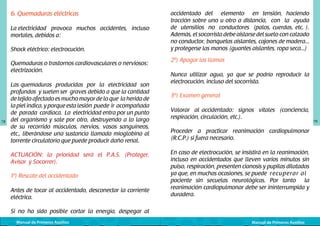 6. Quemaduras eléctricas
La electricidad	 provoca muchos accidentes, incluso
mortales, debidos a:
Shock eléctrico: electrocución.
Quemaduras o trastornos cardiovasculares o nerviosos:
electrización.

78

Las quemaduras producidas por la electricidad son
profundas y suelen ser graves debido a que la cantidad
de tejido afectado es mucho mayor de lo que la herida de
la piel indica, y porque esta lesión puede ir acompañada
de parada cardiaca. La electricidad entra por un punto
del organismo y sale por otro, destruyendo a lo largo
de su recorrido músculos, nervios, vasos sanguíneos,
etc., liberándose una sustancia llamada mioglobina al
torrente circulatorio que puede producir daño renal.
ACTUACIÓN: la prioridad será el P.A.S. (Proteger,
Avisar y Socorrer).
1º) Rescate del accidentado
Antes de tocar al accidentado, desconectar la corriente
eléctrica.

accidentado del elemento en tensión, haciendo
tracción sobre uno u otro a distancia, con la ayuda
de utensilios no conductores (palos, cuerdas, etc. ).
Además, el socorrista debe aislarse del suelo con calzado
no conductor, banquetas aislantes, cajones de madera...
y protegerse las manos (guantes aislantes, ropa seca...)
2º) Apagar las llamas
Nunca utilizar agua, ya que se podría reproducir la
electrocución, incluso del socorrista.
3º) Examen general
Valorar al accidentado: signos vitales (conciencia,
respiración, circulación, etc.).
Proceder a practicar reanimación cardiopulmonar
(R.C.P.) si fuera necesario.
En caso de electrocución, se insistirá en la reanimación,
incluso en accidentados que lleven varios minutos sin
pulso, respiración, presenten cianosis y pupilas dilatadas
ya que, en muchas ocasiones, se puede	 recuperar al 	
paciente sin secuelas neurológicas. Por tanto la
reanimación cardiopulmonar debe ser ininterrumpida y
duradera.

Si no ha sido posible cortar la energía, despegar al
Manual de Primeros Auxilios

Manual de Primeros Auxilios

79

 
