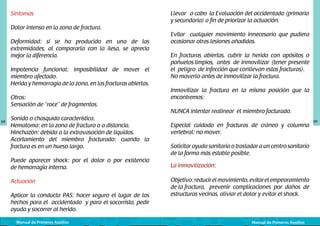 Síntomas
Dolor intenso en la zona de fractura.
Deformidad: si se ha producido en una de las
extremidades, al compararla con la ilesa, se aprecia
mejor la diferencia.
Impotencia funcional: imposibilidad de mover el
miembro afectado.
Herida y hemorragia de la zona, en las fracturas abiertas.
Otros:
Sensación de “roce” de fragmentos.
88

Sonido o chasquido característico.
Hematoma: en la zona de fractura o a distancia.
Hinchazón: debida a la extravasación de líquidos.
Acortamiento del miembro fracturado: cuando la
fractura es en un hueso largo.
Puede aparecer shock: por el dolor o por existencia
de hemorragia interna.
Actuación
Aplicar la conducta PAS: hacer seguro el lugar de los
hechos para el accidentado y para el socorrista, pedir
ayuda y socorrer al herido.
Manual de Primeros Auxilios

Llevar	 a cabo	 la Evaluación del accidentado (primaria	
y secundaria) a fin de priorizar la actuación.
Evitar cualquier movimiento innecesario que pudiera
ocasionar otras lesiones añadidas.
En fracturas abiertas, cubrir la herida con apósitos o
pañuelos limpios, antes de inmovilizar (tener presente
el peligro de infección que conllevan estas fracturas).
No moverlo antes de inmovilizar la fractura.
Inmovilizar la fractura en la misma posición que la
encontremos:
NUNCA intentar realinear el miembro facturado.
Especial cuidado en fracturas de cráneo y columna
vertebral: no mover.
Solicitar ayuda sanitaria o trasladar a un centro sanitario
de la forma más estable posible.
La inmovilización:
Objetivo: reducir el movimiento, evitar el empeoramiento
de la fractura, prevenir complicaciones por daños de
estructuras vecinas, aliviar el dolor y evitar el shock.

Manual de Primeros Auxilios

89

 