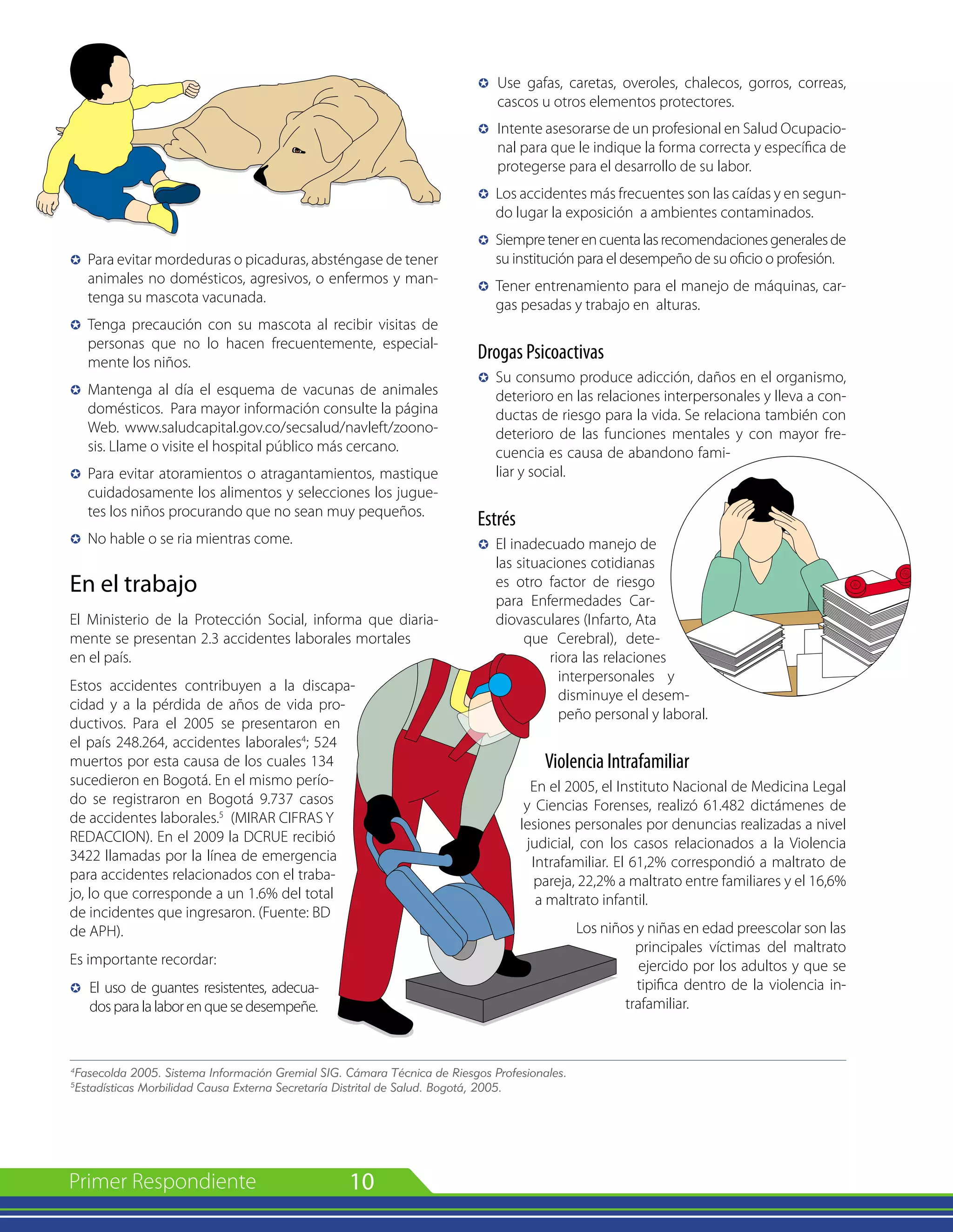 10
µ 	Para evitar mordeduras o picaduras, absténgase de tener
animales no domésticos, agresivos, o enfermos y man-
tenga su mascota vacunada.
µ 	Tenga precaución con su mascota al recibir visitas de
personas que no lo hacen frecuentemente, especial-
mente los niños.
µ 	Mantenga al día el esquema de vacunas de animales
domésticos. Para mayor información consulte la página
Web. www.saludcapital.gov.co/secsalud/navleft/zoono-
sis. Llame o visite el hospital público más cercano.
µ 	Para evitar atoramientos o atragantamientos, mastique
cuidadosamente los alimentos y selecciones los jugue-
tes los niños procurando que no sean muy pequeños.
µ 	No hable o se ria mientras come.
En el trabajo
El Ministerio de la Protección Social, informa que diaria-
mente se presentan 2.3 accidentes laborales mortales
en el país.
Estos accidentes contribuyen a la discapa-
cidad y a la pérdida de años de vida pro-
ductivos. Para el 2005 se presentaron en
el país 248.264, accidentes laborales4
; 524
muertos por esta causa de los cuales 134
sucedieron en Bogotá. En el mismo perío-
do se registraron en Bogotá 9.737 casos
de accidentes laborales.5
(MIRAR CIFRAS Y
REDACCION). En el 2009 la DCRUE recibió
3422 llamadas por la línea de emergencia
para accidentes relacionados con el traba-
jo, lo que corresponde a un 1.6% del total
de incidentes que ingresaron. (Fuente: BD
de APH).
Es importante recordar:
µ 	El uso de guantes resistentes, adecua-
dosparalalaborenquesedesempeñe.
µ 	Use gafas, caretas, overoles, chalecos, gorros, correas,
cascos u otros elementos protectores.
µ 	Intente asesorarse de un profesional en Salud Ocupacio-
nal para que le indique la forma correcta y específica de
protegerse para el desarrollo de su labor.
µ 	Los accidentes más frecuentes son las caídas y en segun-
do lugar la exposición a ambientes contaminados.
µ 	Siempretenerencuentalasrecomendacionesgeneralesde
su institución para el desempeño de su oficio o profesión.
µ 	Tener entrenamiento para el manejo de máquinas, car-
gas pesadas y trabajo en alturas.
Drogas Psicoactivas
µ	 Su consumo produce adicción, daños en el organismo,
deterioro en las relaciones interpersonales y lleva a con-
ductas de riesgo para la vida. Se relaciona también con
deterioro de las funciones mentales y con mayor fre-
cuencia es causa de abandono fami-
liar y social.
Estrés
µ 	El inadecuado manejo de
las situaciones cotidianas
es otro factor de riesgo
para Enfermedades Car-
diovasculares (Infarto, Ata
que Cerebral), dete-
riora las relaciones
interpersonales y
disminuye el desem-
peño personal y laboral.
Violencia Intrafamiliar
En el 2005, el Instituto Nacional de Medicina Legal
y Ciencias Forenses, realizó 61.482 dictámenes de
lesiones personales por denuncias realizadas a nivel
judicial, con los casos relacionados a la Violencia
Intrafamiliar. El 61,2% correspondió a maltrato de
pareja, 22,2% a maltrato entre familiares y el 16,6%
a maltrato infantil.
Los niños y niñas en edad preescolar son las
principales víctimas del maltrato
ejercido por los adultos y que se
tipifica dentro de la violencia in-
trafamiliar.
4
Fasecolda 2005. Sistema Información Gremial SIG. Cámara Técnica de Riesgos Profesionales.
5
Estadísticas Morbilidad Causa Externa Secretaría Distrital de Salud. Bogotá, 2005.
 
