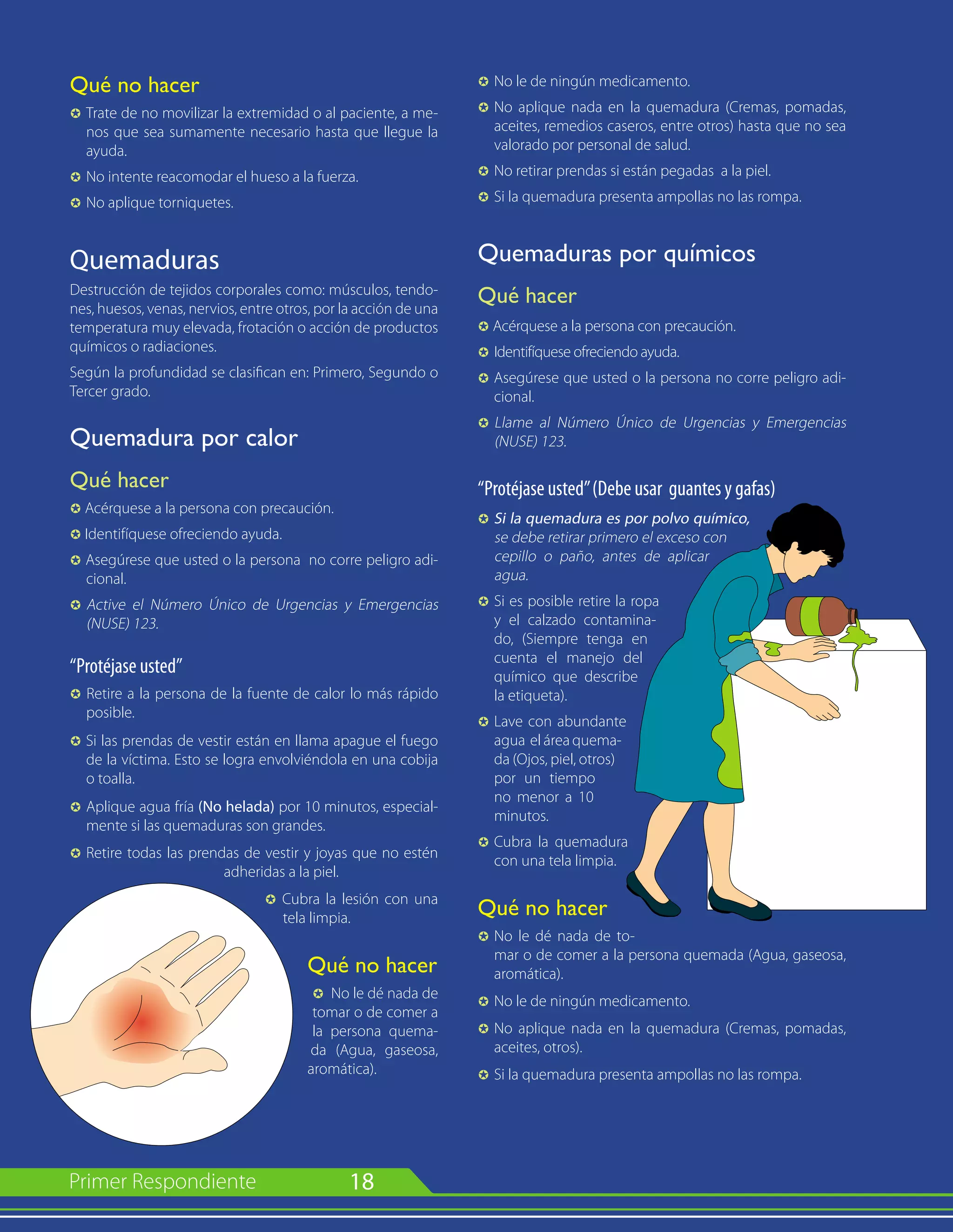 18
Qué no hacer
µ 	Trate de no movilizar la extremidad o al paciente, a me-
nos que sea sumamente necesario hasta que llegue la
ayuda.
µ	
No intente reacomodar el hueso a la fuerza.
µ	
No aplique torniquetes.
Quemaduras
Destrucción de tejidos corporales como: músculos, tendo-
nes, huesos, venas, nervios, entre otros, por la acción de una
temperatura muy elevada, frotación o acción de productos
químicos o radiaciones.
Según la profundidad se clasifican en: Primero, Segundo o
Tercer grado.
Quemadura por calor
Qué hacer
µ Acérquese a la persona con precaución.
µ Identifíquese ofreciendo ayuda.
µ Asegúrese que usted o la persona no corre peligro adi-
cional.
µ	Active el Número Único de Urgencias y Emergencias
(NUSE) 123.
“Protéjase usted”
µ Retire a la persona de la fuente de calor lo más rápido
posible.
µ Si las prendas de vestir están en llama apague el fuego
de la víctima. Esto se logra envolviéndola en una cobija
o toalla.
µ 	Aplique agua fría (No helada) por 10 minutos, especial-
mente si las quemaduras son grandes.
µ 	Retire todas las prendas de vestir y joyas que no estén
adheridas a la piel.
µ Cubra la lesión con una
tela limpia.
Qué no hacer
µ No le dé nada de
tomar o de comer a
la persona quema-
da (Agua, gaseosa,
aromática).
µ 	No le de ningún medicamento.
µ 	No aplique nada en la quemadura (Cremas, pomadas,
aceites, remedios caseros, entre otros) hasta que no sea
valorado por personal de salud.
µ 	No retirar prendas si están pegadas a la piel.
µ 	Si la quemadura presenta ampollas no las rompa.
Quemaduras por químicos
Qué hacer
µ Acérquese a la persona con precaución.
µ	Identifíquese ofreciendo ayuda.
µ Asegúrese que usted o la persona no corre peligro adi-
cional.
µ	Llame al Número Único de Urgencias y Emergencias
(NUSE) 123.
“Protéjase usted”(Debe usar guantes y gafas)
µ Si la quemadura es por polvo químico,
se debe retirar primero el exceso con
cepillo o paño, antes de aplicar
agua.
µ Si es posible retire la ropa
y el calzado contamina-
do, (Siempre tenga en
cuenta el manejo del
químico que describe
la etiqueta).
µ 	Lave con abundante
agua el área quema-
da (Ojos, piel, otros)
por un tiempo
no menor a 10
minutos.
µ	
Cubra la quemadura
con una tela limpia.
Qué no hacer
µ 	No le dé nada de to-
mar o de comer a la persona quemada (Agua, gaseosa,
aromática).
µ 	No le de ningún medicamento.
µ 	No aplique nada en la quemadura (Cremas, pomadas,
aceites, otros).
µ 	Si la quemadura presenta ampollas no las rompa.
 