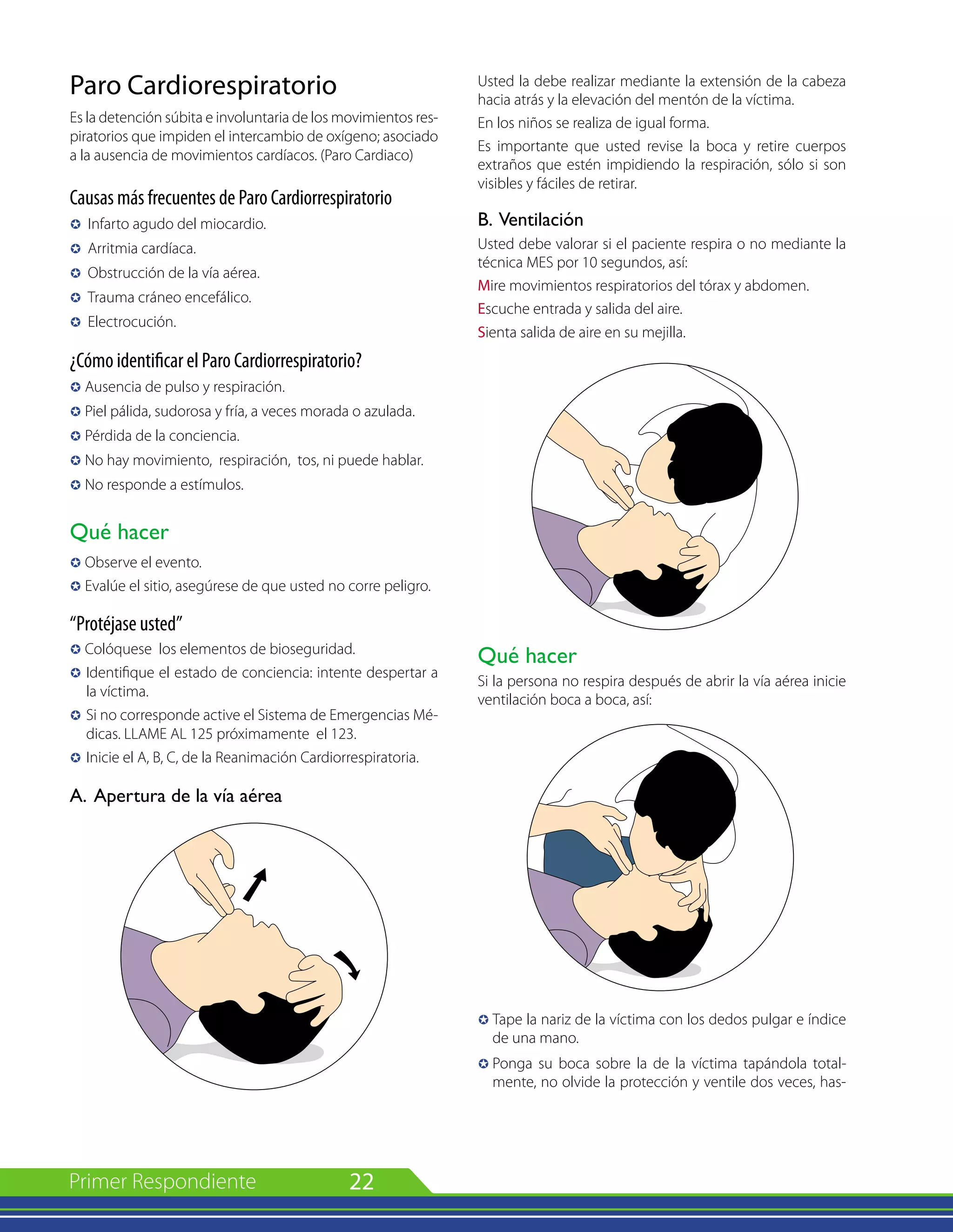 22
Paro Cardiorespiratorio
Es la detención súbita e involuntaria de los movimientos res-
piratorios que impiden el intercambio de oxígeno; asociado
a la ausencia de movimientos cardíacos. (Paro Cardiaco)
Causas más frecuentes de Paro Cardiorrespiratorio
µ	
Infarto agudo del miocardio.
µ	 Arritmia cardíaca.
µ 	Obstrucción de la vía aérea.
µ 	Trauma cráneo encefálico.
µ 	Electrocución.
¿Cómo identificar el Paro Cardiorrespiratorio?
µ Ausencia de pulso y respiración.
µ Piel pálida, sudorosa y fría, a veces morada o azulada.
µ Pérdida de la conciencia.
µ No hay movimiento, respiración, tos, ni puede hablar.
µ No responde a estímulos.
Qué hacer
µ Observe el evento.
µ Evalúe el sitio, asegúrese de que usted no corre peligro.
“Protéjase usted”
µ Colóquese los elementos de bioseguridad.
µ	Identifique el estado de conciencia: intente despertar a
la víctima.
µ	Si no corresponde active el Sistema de Emergencias Mé-
dicas. LLAME AL 125 próximamente el 123.
µ	Inicie el A, B, C, de la Reanimación Cardiorrespiratoria.
A. Apertura de la vía aérea
Usted la debe realizar mediante la extensión de la cabeza
hacia atrás y la elevación del mentón de la víctima.
En los niños se realiza de igual forma.
Es importante que usted revise la boca y retire cuerpos
extraños que estén impidiendo la respiración, sólo si son
visibles y fáciles de retirar.
B. Ventilación
Usted debe valorar si el paciente respira o no mediante la
técnica MES por 10 segundos, así:
Mire movimientos respiratorios del tórax y abdomen.
Escuche entrada y salida del aire.
Sienta salida de aire en su mejilla.
Qué hacer
Si la persona no respira después de abrir la vía aérea inicie
ventilación boca a boca, así:
µ Tape la nariz de la víctima con los dedos pulgar e índice
de una mano.
µ	Ponga su boca sobre la de la víctima tapándola total-
mente, no olvide la protección y ventile dos veces, has-
 
