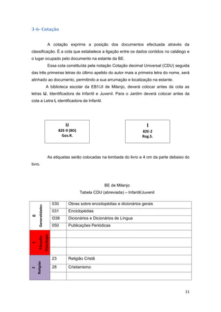 11
3-6- Cotação
A cotação exprime a posição dos documentos efectuada através da
classificação. É a cota que estabelece a ligação entre os dados contidos no catálogo e
o lugar ocupado pelo documento na estante da BE.
Essa cota constituída pela notação Cotação decimal Universal (CDU) seguida
das três primeiras letras do último apelido do autor mais a primeira letra do nome, será
alinhado ao documento, permitindo a sua arrumação e localização na estante.
A biblioteca escolar da EB1/JI de Milanjo, deverá colocar antes da cota as
letras IJ, Identificadora de Infantil e Juvenil. Para o Jardim deverá colocar antes da
cota a Letra I, identificadora de Infantil.
As etiquetas serão colocadas na lombada do livro a 4 cm da parte debaixo do
livro.
BE de Milanjo
Tabela CDU (abreviada) – Infantil/Juvenil
0
Generalidades
030 Obras sobre enciclopédias e dicionários gerais
031 Enciclopédias
O38 Dicionários e Dicionários de Língua
050 Publicações Periódicas
1
Filosofia
Psicologia
2
Religião
23 Religião Cristã
28 Cristianismo
IJ
82E-9 (BD)
Gos.R.
I
82E-2
Rog.S.
 