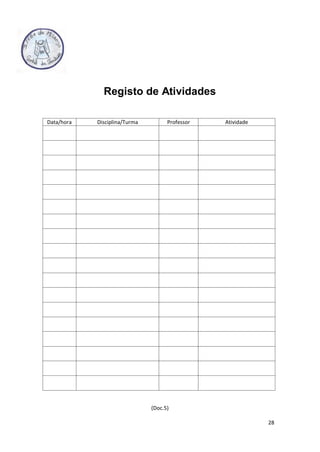 28
Registo de Atividades
Data/hora Disciplina/Turma Professor Atividade
(Doc.5)
 