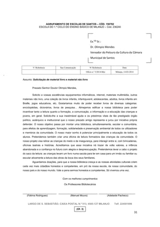 31
AGRUPAMENTO DE ESCOLAS DE SANTOS – CÓD. 150782
ESCOLA DO 1.º CICLO DO ENSINO BÁSICO DE MILANJO – Cód. 236240
-
Assunto: Solicitação de material livro e material não livro
Prezado Senhor Doutor Olímpio Mendes,
Solicito a vossas excelências equipamentos informáticos, internet, materiais multimédia, outros
materiais não livro, uma coleção de livros infantis, infantojuvenil, adolescentes, adultos, livros infantis em
Braille, jogos educativos, etc. Gostaríamos muito de poder receber livros de diversas categorias:
enciclopédias, dicionários, livros de pesquisa… Almejamos edificar a nossa biblioteca para poder
incentivar tanto a leitura quanto a formação, a comunicação, a informação e a educação das crianças e
jovens, em geral. Solicito-lhe a sua inestimável ajuda e os préstimos vitais de tão prestigiado órgão
político, autárquico e institucional que o nosso prezado amigo representa e jurou por iniciativa própria
defender. O nosso objetivo passa por montar uma biblioteca, simultaneamente, escolar e comunitária,
para efeitos de aprendizagem, formação, solidariedade e preservação ambiental de todos os utilizadores
e membros da comunidade. O nosso maior sonho é potenciar principalmente a educação de todos os
alunos. Pretendemos também criar uma oficina de leitura formadora das crianças da comunidade. O
nosso projeto visa retirar as crianças do medo e da insegurança, para interagir entre si, com brincadeiras,
oficinas teatrais e histórias. Acreditamos que essa iniciativa irá trazer de volta valores, a infância
abandonada e a confiança no futuro com alegria e despreocupação. Pretendemos levar a cabo o projeto
do saco da leitura: as crianças levam um livro numa sacola para ler em casa para um irmão ou familiar ou
escutar ativamente a leitura das obras da boca dos seus familiares.
Aguardamos doações, para que a nossa biblioteca cresça e as nossas atividades culturais criem
cada vez mais cidadãos honestos e competentes, em pró da nossa escola, da nossa comunidade, do
nosso país e do nosso mundo. Vale a pena sermos honestos e competentes. Só vivemos uma vez.
Com os melhores cumprimentos
Os Professores Bibliotecários
_________________________ _____________________________ ___________________________
(Fátima Rodrigues) (Manuel Moura) (Adelaide Pacheco)
LARGO DE S. SEBASTIÃO, CAIXA POSTAL N.º 513, 4585-127 MILANJO Telf. 224501096
V/ Referência Sua Comunicação N/ Referência Data
Ofício n.º 3/2014-Mar Milanjo, 14-03-2014
Ex.mo
Sr.:
Dr. Olímpio Mendes
Vereador do Pelouro da Cultura da Câmara
Municipal de Santos
(Of. 3)
 