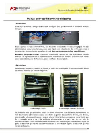 Manual de Procedimentos e Solicitações
. Estabilizador
Sua função é manter a energia elétrica sem oscilações para que funcionem os aparelhos do Rack
Intragov.




Existe apenas no rack administrativo, não havendo necessidade no rack pedagógico. O rack
administrativo possui uma tomada, onde está ligado um estabilizador de 1 KVA com mais 6
tomadas para ligar os diversos aparelhos do rack. A escola nunca deve desligar o estabilizador.
Problemas que podem ocorrer: Queima do estabilizador, causada por raios e problemas na rede
elétrica. Em algumas ocasiões o problema ocorre na tomada que alimenta o estabilizador, nestes
casos toda rede irá parar de funcionar, pois o rack ficará desenergizado.


. Rack Intragov
Geralmente o modem, o roteador, o firewall, o switch e o estabilizador ficam armazenados dentro
de um rack metálico que é fixado na parede.




                     Rack Intragov Escola                 Rack Intragov Diretoria de Ensino

Os pontos de rede que existem na escola são todos conectados a um dos racks; normalmente no
rack do ambiente administrativo estão conectados os pontos da secretaria, direção, vice-direção,
coordenação, sala dos professores e sala de leitura. Existe também um cabo de nome Uplink que
faz a conexão entre o rack do ambiente administrativo e o rack que fica na Sala de
Informática/Acessa Escola. Numa forma de buscarmos uma padronização, esse cabo está ligado na
porta 24 do switch que fica no rack administrativo e se conecta com a porta 24 do switch que fica
no rack pedagógico.
                                                                                              13
 
