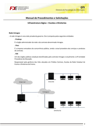 Manual de Procedimentos e Solicitações
                         Infraestrutura lógica – Escolas e Diretorias



Rede Intragov
- A rede Intragov é uma rede privada do governo. Ela é composta pelas seguintes entidades:
       . Prodesp:
       É o órgão administrador da rede e do contrato denominado Intragov.
       . Vivo:
       É a empresa vencedora da concorrência pública, sendo a atual provedora dos serviços e produtos
       do contrato.
       . FDE
       Um dos órgãos públicos estaduais beneficiados pelo contrato Intragov e atualmente a UP (Unidade
       Provedora) da Educação.
       Responsável pela gerência dos links alocados em Prédios Centrais, Escolas da Rede Estadual de
       Ensino e Diretorias de Ensino.




                                                                                                    7
 