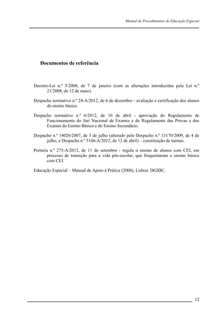 Manual de Procedimentos de Educação Especial

____________________________________________________________________

Documentos de referência

Decreto-Lei n.º 3/2008, de 7 de janeiro (com as alterações introduzidas pela Lei n.º
21/2008, de 12 de maio).
Despacho normativo n.º 24-A/2012, de 6 de dezembro - avaliação e certificação dos alunos
do ensino básico.
Despacho normativo n.º 6/2012, de 10 de abril - aprovação do Regulamento de
Funcionamento do Júri Nacional de Exames e do Regulamento das Provas e dos
Exames do Ensino Básico e do Ensino Secundário.
Despacho n.º 14026/2007, de 3 de julho (alterado pelo Despacho n.º 13170/2009, de 4 de
julho, e Despacho n.º 5106-A/2012, de 12 de abril) – constituição de turmas.
Portaria n.º 275-A/2012, de 11 de setembro - regula o ensino de alunos com CEI, em
processo de transição para a vida pós-escolar, que frequentaram o ensino básico
com CEI.
Educação Especial – Manual de Apoio à Prática (2008), Lisboa: DGIDC.

__________________________________________________________________ 12

 