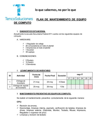 “Cobramos por lo que sabemos,no por lo que
hacemos.”
PLAN DE MANTENIMIENTO DE EQUIPO
DE COMPUTO
1. DIAGNOSTICO SITUACIONAL
Actualmente la escuela Secundaria Federal #11 cuenta con los siguientes equipos de
cómputo:
A. HARDWARE:
 1 Regulador de voltaje
 26 computadoras en todo el plantel
 3 Impresoras en todo el plantel
 1 Escáner
 39 Laptops
B. COMUNICACIONES:
 5 Routers
 10 Switch
 3 Servidores
2. LEVANTAMIENTO DE INVENTARIO
ID Actividad
Fecha de
inicio
Fecha Final Duración
may-17
21 22 23 24 25 26
1
Entrega de
Inventario
21-may 24-may 4 Díaas
2
Entrega de reporte
de inventario
25-may 26-may 1 Día
3. MANTENIMIENTO PREVENTIVO DE EQUIPO DE COMPUTO.
Se realizó el mantenimiento preventivo correctamente de la siguiente manera:
CPU:
 Revisión de errores.
 Desmontaje, limpieza interna, aspirado, verificación de tarjetas, limpieza de
drives, limpieza externa, (Gabinete, Monitor, Teclado, Mouse, Impresora,
Regulador o supresor de pico)
 Limpieza y revisión de teclado
 