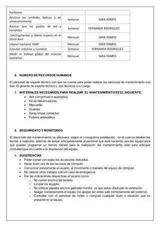 hardware
Analizar las unidades ópticas y de
almacenamiento
Semanal SARA RAMOS
Revisar que los puntos de red y
canaletas
Semanal FERNANDA RODRIGUEZ
Desfragmentar y liberar espacio en el
disco duro
Mensual SARA RAMOS
Liberar memoria RAM Mensual SARA RAMOS
Ejecutar antivirus y scandisk Semanal FERNANDA RODRIGUEZ
Medir el trabajo global del sistema
operativo
Mensual SARA RAMOS
6. NUMERO DE RECURSOS HUMANOS
El personal de soporte técnico con que se cuenta para poder realizar los servicios de mantenimiento son
tres: El gerente de soporte técnico y dos técnicos a su cargo.
7. MATERIALES NECESARIOS PARA REALIZAR EL MANTENIMIENTO ES EL SIGUIENTE:
 Aire comprimido o aspiradora.
 Kit de desarmadores.
 Mascarilla
 Guantes
 Spray limpia contactos
 Pulsera antiestática.
8. SEGUIMIENTO Y MONITOREO.
El desarrollo del mantenimiento se efectuara, según el cronograma establecido , en el cual se detallan las
fechas a realizarlo, además de avisar anticipadamente al personal que está haciendo uso del equipo para
que puedan programar un tiempo idóneo para la realización del mantenimiento, esto para anticipar
contratiempos en cuanto a la disposición del equipo.
9. SUGERENCIAS
 Poder contar con todos los accesorios indicados.
 Hacer buen uso de los recursos de cómputo.
 Comunicar previamente al usuario, el movimiento o traslado del equipo de cómputo.
 No realizar otros trabajos solo en caso de emergencia.
 Dar las indicaciones respectivas al usuario como:
o No comer encima del teclado.
o Limpiar los equipos.
o No colocar papeles encima gabinete monitor, ya que estos obstruyen la ventilación.
o Apagar correctamente el equipo (no apagar sin antes salir correctamente del sistema).
o Consultar con el personal de redes o cómputo cualquier duda o situación que se
presente en el equipo.
 