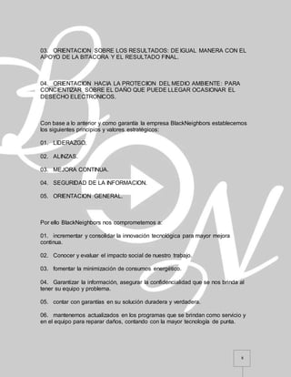 8
03. ORIENTACION SOBRE LOS RESULTADOS: DE IGUAL MANERA CON EL
APOYO DE LA BITACORA Y EL RESULTADO FINAL.
04. ORIENTACION HACIA LA PROTECIION DEL MEDIO AMBIENTE: PARA
CONCIENTIZAR SOBRE EL DAÑO QUE PUEDE LLEGAR OCASIONAR EL
DESECHO ELECTRONICOS.
Con base a lo anterior y como garantía la empresa BlackNeighbors establecemos
los siguientes principios y valores estratégicos:
01. LIDERAZGO.
02. ALINZAS.
03. MEJORA CONTINUA.
04. SEGURIDAD DE LA INFORMACION.
05. ORIENTACION GENERAL.
Por ello BlackNeighbors nos comprometemos a:
01. incrementar y consolidar la innovación tecnológica para mayor mejora
continua.
02. Conocer y evaluar el impacto social de nuestro trabajo.
03. fomentar la minimización de consumos energético.
04. Garantizar la información, asegurar la confidencialidad que se nos brinda al
tener su equipo y problema.
05. contar con garantías en su solución duradera y verdadera.
06. mantenernos actualizados en los programas que se brindan como servicio y
en el equipo para reparar daños, contando con la mayor tecnología de punta.
 
