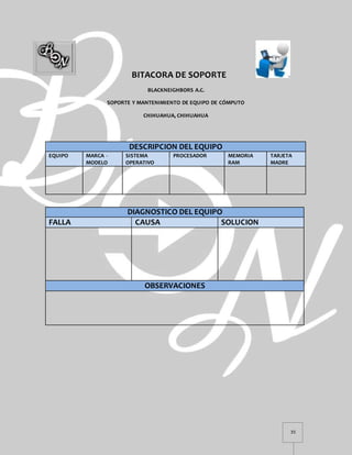 35
BITACORA DE SOPORTE
BLACKNEIGHBORS A.C.
SOPORTE Y MANTENIMIENTO DE EQUIPO DE CÓMPUTO
CHIHUAHUA, CHIHUAHUA
DESCRIPCION DEL EQUIPO
EQUIPO MARCA -
MODELO
SISTEMA
OPERATIVO
PROCESADOR MEMORIA
RAM
TARJETA
MADRE
DIAGNOSTICO DEL EQUIPO
FALLA CAUSA SOLUCION
OBSERVACIONES
 