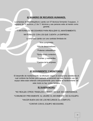 39
6) NUMERO DE RECURSOS HUMANOS.
La empresa de BlackNeighbors cuenta con 57 técnicos formando 5 equipos , 3
equipos de 10 técnicos y 2 de 11 técnicos y una persona extra al mando como
gerente.
7) MATERIALES NECESARIOS PARA REALIZAR EL MANTENIMIENTO.
MATERIALES CON LOS QUE CUENTA LA EMPRESA:
La empresa cuenta con una cantidad ilimitada de:
*Aire comprimido.
*Kits de desarmadores.
*Pulseras antiestáticas.
*Spray limpia contactos.
*Guantes y mascarillas.
*Camisa de la empresa.
8) SEGUIMIENTO Y MONITOREO.
El desarrollo de mantenimiento se efectuara según el cronograma establecido el
cual contiene las fechas para realizarlo el personal que está haciendo uso del
equipo debe estar enterado anticipadamente para realizar el mantenimiento de
este modo no hay contra tiempos.
9) SUGERENCIAS:
*NO REALIZA OTROS TRABAJOS A MENOS DE QUE SEA EMERGENCIA.
*COMUNICAR PREVIAMENTE AL USURIO EL MOVIMIENTO DE SU EQUIPO.
*HACER BUEN USO DE LOS RECURSOS DE CÓMPUTO.
*CONTAR CON EL EQUIPO NECESARIO.
 