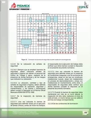 153PEMEX Exploración y Producción
© 2009 Todos los derechos reservados
3.2.3.6 De la colocación de señales de
seguridad
3.2.3.6.1 Siempre que se empleen barreras de
seguridad, deben colocarse señales de
seguridad e higiene que alerten al personal del
Centro de Trabajo y ajeno, respecto de la
presencia de dichas barreras y de los riesgos
que motivaron su colocación.
3.2.3.6.2 La ubicación, cantidad y tipo de
señales de seguridad e higiene, deben definirla
los responsables de operación, seguridad y
mantenimiento; y, los colores y dimensiones
deben cumplir lo dispuesto en la Norma Oficial
Mexicana NOM-026-STPS-1998.
3.2.3.7 De la inspección de barreras de
seguridad
3.2.3.7.1 Una vez colocada la barrera de
seguridad para delimitar áreas por la ejecución
de tareas críticas y antes de iniciar los trabajos,
el responsable de la ejecución del trabajo debe
verificar que dicha barrera cumple lo dispuesto
en el presente documento normativo.
3.2.3.7.2 Una vez colocada la barrera de
seguridad para delimitar áreas por la presencia
de condiciones inseguras o por la ocurrencia de
emergencias, áreas en las que se construyen
instalaciones nuevas, áreas con instalaciones
en proceso de desmantelamiento y áreas con
instalaciones en mantenimiento, entre otras, el
responsable de seguridad debe verificar que
dichas barreras cumplen lo dispuesto en el
presente documento normativo.
3.2.3.7.3 Cuando la barrera de seguridad deba
mantenerse por más de un turno laboral, la
inspección de ésta debe realizarse al inicio de
cada jornada, al mismo tiempo que se valida el
permiso de trabajo correspondiente.
3.2.3.8 De las condiciones de iluminación
 