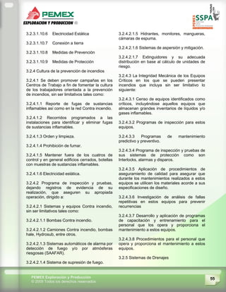 55PEMEX Exploración y Producción
© 2009 Todos los derechos reservados
3.2.3.1.10.6 Electricidad Estática
3.2.3.1.10.7 Conexión a tierra
3.2.3.1.10.8 Medidas de Prevención
3.2.3.1.10.9 Medidas de Protección
3.2.4 Cultura de la prevención de incendios
3.2.4.1 Se deben promover campañas en los
Centros de Trabajo a fin de fomentar la cultura
de los trabajadores orientada a la prevención
de incendios, sin ser limitativos tales como:
3.2.4.1.1 Reporte de fugas de sustancias
inflamables así como en la red Contra incendio.
3.2.4.1.2 Recorridos programados a las
instalaciones para identificar y eliminar fugas
de sustancias inflamables.
3.2.4.1.3 Orden y limpieza.
3.2.4.1.4 Prohibición de fumar.
3.2.4.1.5 Mantener fuera de los cuatros de
control y en general edificios cerrados, botellas
con muestras de sustancias inflamables.
3.2.4.1.6 Electricidad estática.
3.2.4.2 Programa de inspección y pruebas,
dejando registros de evidencia de su
realización, que aseguren su apropiada
operación, dirigido a:
3.2.4.2.1 Sistemas y equipos Contra incendio,
sin ser limitativos tales como:
3.2.4.2.1.1 Bombas Contra incendio.
3.2.4.2.1.2 Camiones Contra incendio, bombas
hale, Hydrosub, entre otros.
3.2.4.2.1.3 Sistemas automáticos de alarma por
detección de fuego y/o por atmósferas
riesgosas (SAAFAR).
3.2.4.2.1.4 Sistema de supresión de fuego.
3.2.4.2.1.5 Hidrantes, monitores, mangueras,
cámaras de espuma.
3.2.4.2.1.6 Sistemas de aspersión y mitigación.
3.2.4.2.1.7 Extinguidores y su adecuada
distribución en base al cálculo de unidades de
riesgo.
3.2.4.3 La Integridad Mecánica de los Equipos
Críticos en los que se pueden presentar
incendios que incluya sin ser limitativo lo
siguiente:
3.2.4.3.1 Censo de equipos identificados como
críticos, incluyéndose aquellos equipos que
almacenan grandes inventarios de líquidos y/o
gases inflamables.
3.2.4.3.2 Programas de inspección para estos
equipos.
3.2.4.3.3 Programas de mantenimiento
predictivo y preventivo.
3.2.4.3.4 Programa de inspección y pruebas de
sus sistemas de protección como son
Interlocks, alarmas y disparos.
3.2.4.3.5 Aplicación de procedimientos de
aseguramiento de calidad para asegurar que
durante los mantenimientos realizados a estos
equipos se utilicen los materiales acorde a sus
especificaciones de diseño.
3.2.4.3.6 Investigación de análisis de fallas
repetitivas en estos equipos para prevenir
recurrencias
3.2.4.3.7 Desarrollo y aplicación de programas
de capacitación y entrenamiento para el
personal que los opera y proporciona el
mantenimiento a estos equipos.
3.2.4.3.8 Procedimientos para el personal que
opera y proporciona el mantenimiento a estos
equipos.
3.2.5 Sistemas de Drenajes
 