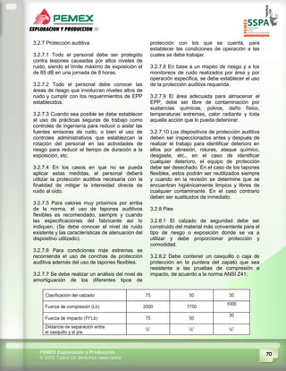 70PEMEX Exploración y Producción
© 2009 Todos los derechos reservados
3.2.7 Protección auditiva
3.2.7.1 Todo el personal debe ser protegido
contra lesiones causadas por altos niveles de
ruido, siendo el límite máximo de exposición el
de 85 dB en una jornada de 8 horas.
3.2.7.2 Todo el personal debe conocer las
áreas de riesgo que involucran niveles altos de
ruido y cumplir con los requerimientos de EPP
establecidos.
3.2.7.3 Cuando sea posible se debe establecer
el uso de prácticas seguras de trabajo como
controles de ingeniería para reducir o aislar las
fuentes emisoras de ruido, o bien el uso de
controles administrativos que establezcan la
rotación del personal en las actividades de
riesgo para reducir el tiempo de duración a la
exposición, etc.
3.2.7.4 En los casos en que no se pueda
aplicar estas medidas, el personal deberá
utilizar la protección auditiva necesaria con la
finalidad de mitigar la intensidad directa de
ruido al oído.
3.2.7.5 Para valores muy próximos por arriba
de la norma, el uso de tapones auditivos
flexibles es recomendado, siempre y cuando
las especificaciones del fabricante así lo
indiquen, (Se debe conocer el nivel de ruido
existente y las características de atenuación del
dispositivo utilizado).
3.2.7.6 Para condiciones más extremas se
recomienda el uso de conchas de protección
auditiva además del uso de tapones flexibles.
3.2.7.7 Se debe realizar un análisis del nivel de
amortiguación de los diferentes tipos de
protección con los que se cuenta, para
establecer las condiciones de operación a las
cuales se debe trabajar.
3.2.7.8 En base a un mapeo de riesgo y a los
monitoreos de ruido realizados por área y por
operación especifica, se debe establecer el uso
de la protección auditiva requerida.
3.2.7.9 El área adecuada para almacenar el
EPP, debe ser libre de contaminación por
sustancias químicas, polvos, daño físico,
temperaturas extremas, calor radiante y toda
aquella acción que lo pueda deteriorar.
3.2.7.10 Los dispositivos de protección auditiva
deben ser inspeccionados antes y después de
realizar el trabajo para identificar deterioro en
ellos por abrasión, roturas, ataque químico,
desgaste, etc., en el caso de identificar
cualquier deterioro, el equipo de protección
debe ser desechado. En el caso de los tapones
flexibles, estos podrán ser reutilizados siempre
y cuando en la revisión se determine que se
encuentran higiénicamente limpios y libres de
cualquier contaminante. En el caso contrario
deben ser sustituidos de inmediato.
3.2.8 Pies
3.2.8.1 El calzado de seguridad debe ser
construido del material más conveniente para el
tipo de riesgo o exposición donde se va a
utilizar y debe proporcionar protección y
comodidad.
3.2.8.2 Debe contener un casquillo o caja de
protección en la puntera del zapato que sea
resistente a las pruebas de compresión e
impacto, de acuerdo a la norma ANSI Z41:
 