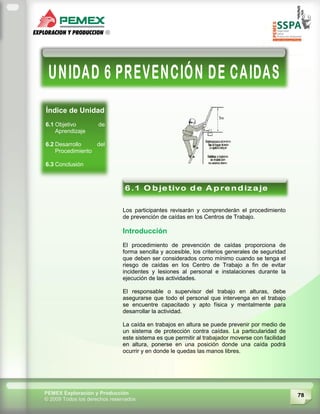 78PEMEX Exploración y Producción
© 2009 Todos los derechos reservados
Índice de Unidad
6.1 Objetivo de
Aprendizaje
6.2 Desarrollo del
Procedimiento
6.3 Conclusión
Los participantes revisarán y comprenderán el procedimiento
de prevención de caídas en los Centros de Trabajo.
Introducción
El procedimiento de prevención de caídas proporciona de
forma sencilla y accesible, los criterios generales de seguridad
que deben ser considerados como mínimo cuando se tenga el
riesgo de caídas en los Centro de Trabajo a fin de evitar
incidentes y lesiones al personal e instalaciones durante la
ejecución de las actividades.
El responsable o supervisor del trabajo en alturas, debe
asegurarse que todo el personal que intervenga en el trabajo
se encuentre capacitado y apto física y mentalmente para
desarrollar la actividad.
La caída en trabajos en altura se puede prevenir por medio de
un sistema de protección contra caídas. La particularidad de
este sistema es que permitir al trabajador moverse con facilidad
en altura, ponerse en una posición donde una caída podrá
ocurrir y en donde le quedas las manos libres.
 