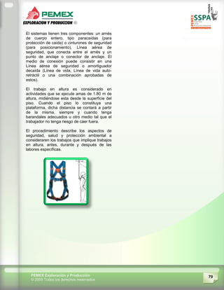 79PEMEX Exploración y Producción
© 2009 Todos los derechos reservados
El sistemas tienen tres componentes: un arnés
de cuerpo entero, tipo paracaídas (para
protección de caída) o cinturones de seguridad
(para posicionamiento), Línea aérea de
seguridad, que conecta entre el arnés y un
punto de anclaje o conector de anclaje. El
medio de conexión puede consistir en una
Línea aérea de seguridad o amortiguador
decaída (Línea de vida, Línea de vida auto-
retráctil o una combinación aprobadas de
estos).
El trabajo en altura es considerado en
actividades que se ejecute amas de 1.80 m de
altura, midiéndose esta desde la superficie del
piso. Cuando el piso lo constituya una
plataforma, dicha distancia se contará a partir
de la misma, siempre y cuando tenga
barandales adecuados u otro medio tal que el
trabajador no tenga riesgo de caer fuera.
El procedimiento describe los aspectos de
seguridad, salud y protección ambiental a
consideraren los trabajos que implique trabajos
en altura, antes, durante y después de las
labores específicas.
 