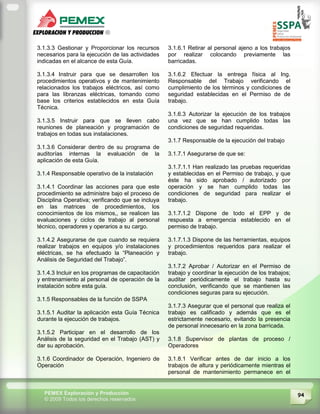 94PEMEX Exploración y Producción
© 2009 Todos los derechos reservados
3.1.3.3 Gestionar y Proporcionar los recursos
necesarios para la ejecución de las actividades
indicadas en el alcance de esta Guía.
3.1.3.4 Instruir para que se desarrollen los
procedimientos operativos y de mantenimiento
relacionados los trabajos eléctricos, así como
para las libranzas eléctricas, tomando como
base los criterios establecidos en esta Guía
Técnica.
3.1.3.5 Instruir para que se lleven cabo
reuniones de planeación y programación de
trabajos en todas sus instalaciones.
3.1.3.6 Considerar dentro de su programa de
auditorías internas la evaluación de la
aplicación de esta Guía.
3.1.4 Responsable operativo de la instalación
3.1.4.1 Coordinar las acciones para que este
procedimiento se administre bajo el proceso de
Disciplina Operativa; verificando que se incluya
en las matrices de procedimientos, los
conocimientos de los mismos,, se realicen las
evaluaciones y ciclos de trabajo al personal
técnico, operadores y operarios a su cargo.
3.1.4.2 Asegurarse de que cuando se requiera
realizar trabajos en equipos y/o instalaciones
eléctricas, se ha efectuado la “Planeación y
Análisis de Seguridad del Trabajo”.
3.1.4.3 Incluir en los programas de capacitación
y entrenamiento al personal de operación de la
instalación sobre esta guía.
3.1.5 Responsables de la función de SSPA
3.1.5.1 Auditar la aplicación esta Guía Técnica
durante la ejecución de trabajos.
3.1.5.2 Participar en el desarrollo de los
Análisis de la seguridad en el Trabajo (AST) y
dar su aprobación.
3.1.6 Coordinador de Operación, Ingeniero de
Operación
3.1.6.1 Retirar al personal ajeno a los trabajos
por realizar colocando previamente las
barricadas.
3.1.6.2 Efectuar la entrega física al Ing.
Responsable del Trabajo verificando el
cumplimiento de los términos y condiciones de
seguridad establecidas en el Permiso de de
trabajo.
3.1.6.3 Autorizar la ejecución de los trabajos
una vez que se han cumplido todas las
condiciones de seguridad requeridas.
3.1.7 Responsable de la ejecución del trabajo
3.1.7.1 Asegurarse de que se:
3.1.7.1.1 Han realizado las pruebas requeridas
y establecidas en el Permiso de trabajo, y que
éste ha sido aprobado / autorizado por
operación y se han cumplido todas las
condiciones de seguridad para realizar el
trabajo.
3.1.7.1.2 Dispone de todo el EPP y de
respuesta a emergencia establecido en el
permiso de trabajo.
3.1.7.1.3 Dispone de las herramientas, equipos
y procedimientos requeridos para realizar el
trabajo.
3.1.7.2 Aprobar / Autorizar en el Permiso de
trabajo y coordinar la ejecución de los trabajos;
auditar periódicamente el trabajo hasta su
conclusión, verificando que se mantienen las
condiciones seguras para su ejecución.
3.1.7.3 Asegurar que el personal que realiza el
trabajo es calificado y además que es el
estrictamente necesario, evitando la presencia
de personal innecesario en la zona barricada.
3.1.8 Supervisor de plantas de proceso /
Operadores
3.1.8.1 Verificar antes de dar inicio a los
trabajos de altura y periódicamente mientras el
personal de mantenimiento permanece en el
 