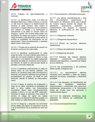 99PEMEX Exploración y Producción
© 2009 Todos los derechos reservados
3.2.10 Trabajos de desmantelamiento y
remoción
3.2.10.1 La identificación, corte, y el retiro de
bandejas eléctricas y cables implican a menudo
un alto nivel de riesgo en la determinación de
remover el cable correcto. Esto implica la
exposición a riesgos eléctricos de las personas
que realizan el trabajo y la interrupción a
operaciones si se daña un circuito crítico de
energía o control. Por lo tanto debe existir una
evaluación de riesgo que ayude a minimizar el
riesgo de lesión a las personas y para reducir al
mínimo la posibilidad de interrupción de las
operaciones. Estos procedimientos y prácticas
deben incluir, entre otros:
3.2.10.1.1 Prueba de la ausencia de tensión en
la fuente y extremos de cada cable.
3.2.10.1.2 Identificar positivamente el cable
antes de cortar. Un buen método para retirar un
cable de una fuente aislada es utilizar un lazo
de cuerda o una atadura de cables asegurada
alrededor del cable en el extremo de la fuente y
así retirarlo. El cable no será tomado desde la
bandeja y removido desde allí.
3.2.10.1.3 Identificar positivamente un cable en
ambos lados de una barrera (ejemplo: una
pared o un conducto) para cada circunstancia y
teniendo una persona calificada que apruebe el
procedimiento y/o práctica. Un cable no será
removido usando el método de mano-sobre-
mano.
3.2.10.1.4 Basar la práctica de localización y
corte de un cable, evaluando la posibilidad de
daño a otros cables. Las herramientas
neumáticas deben estar convenientemente
puestas a tierra y el uso del EPP adecuado,
minimiza el riesgo al personal. Para reducir al
mínimo el riesgo de dañar los cables
adyacentes y la exposición eléctrica posible, no
será cortado un cable dentro de una bandeja.
3.2.10.1.5 Asegurar y etiquetar las terminales
de los cables que siguen en exposición durante
y en la terminación de la actividad de retiro del
cable.
3.2.11 Documentación y Etiquetado del equipo
3.2.11.1 Los planos, especificaciones y toda
otra documentación proporcionan la
información de referencia crítica para trabajar
de manera segura durante las etapas de:
planeación, construcción, operación y
mantenimiento de equipos y sistemas
eléctricos. A continuación se dan algunos
ejemplos:
3.2.11.1.1 Diagramas unificares
3.2.11.1.2 Diagramas esquemáticos
3.2.11.1.3 Planos de servicios eléctricos
subterráneos
3.2.11.1.4 Planos de clasificación de áreas
3.2.11.1.5 Diagramas del panel
3.2.11.1.6 Estudios del sistema eléctrico
(ejemplos: cortocircuito, coordinación
protectora del dispositivo, y estudios de riesgos
de arco eléctrico).
3.2.11.2 Los procedimientos y las prácticas
deben ayudar a asegurar que:
3.2.11.2.1 La documentación eléctrica
necesaria para identificar y aislar los riesgos
eléctricos es exacta, actualizada, y fácilmente
accesible.
3.2.11.2.2 Las etiquetas y la identificación del
equipo son diseñadas, específicas,
proporcionadas y mantenidas para comunicar
advertencias precauciones, y la información
crítica del circuito para una operación y
mantenimiento seguro.
3.2.11.2.3 Es altamente beneficioso tener
solamente un sistema de codificación de
etiquetado.
3.2.12 Excavaciones/perforaciones
 