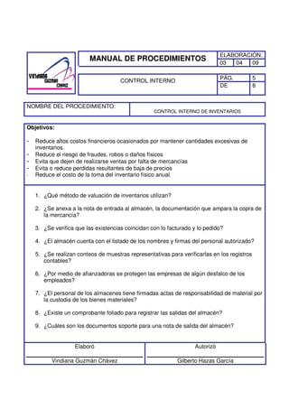 Manual de procedimientos de control interno viridiana guzman chavez | PDF