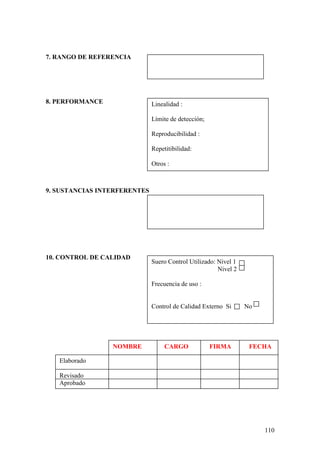 110
7. RANGO DE REFERENCIA
8. PERFORMANCE
9. SUSTANCIAS INTERFERENTES
10. CONTROL DE CALIDAD
Linealidad :
Límite de detección;
Reproducibilidad :
Repetitibilidad:
Otros :
Suero Control Utilizado: Nivel 1
Nivel 2
Frecuencia de uso :
Control de Calidad Externo Si No
Elaborado
Revisado
Aprobado
NOMBRE CARGO FIRMA FECHA
 