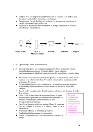 24
Recuerde
trasladar por
escrito las
instrucciones de
operación de su
equipo a un
archivo del
laboratorio,
disponible a todos
• Cubetas : Son los recipientes donde se colocará la solución a ser medida. Los
hay de diverso tamaño y material de construcción.
• Detectores de Energía Radiante o Luminosa : Se encargan de transformar la
energía luminosa en energía eléctrica.
• Dispositivos de Lectura: Para transformar la energía eléctrica en un valor de
absorbancia o transmitancia.
Fuente de Luz Filtro ó Cubeta Detector Registro
Monocromador
5.1.4 Operación y Control de Instrumentos
5.1.4.1 Los siguientes pasos son instrucciones generales. Cada instrumento tendrá
particularidades descritas en el manual del proveedor, así como
recomendaciones en relación al mantenimiento. He aquí algunos consejos útiles:
• Revisar las condiciones de conexión del aparato a la red eléctrica. Tome mucha
atención en el selector de voltaje. Conecte el instrumento a la energía cuando
esté seguro del mismo.
• Encienda el fotómetro o espectrofotómetro . Algunos instrumentos requieren
más tiempo que otros para estabilizar su sistema de medición, incluida la
lámpara.
• Basado en los procedimientos de cada análisis, seleccione una longitud de onda
determinada.
• Lleve a cero la absorbancia. Convencionalmente se logra
esto utilizando agua destilada como solución de ajuste. En
aparatos automatizados, la máquina realiza este
procedimiento internamente.
• Cerciórese si su procedimiento requiere blanco de muestra o
reactivo. Coloque lo indicado en la cubeta y ajuste a cero la
absorbancia.
• Mida la absorbancia de estándares y muestras.
• Finalizado el trabajo, apague el instrumento.
• Limpie cualquier derrame en el instrumento o en su área de
trabajo.
Regist
 