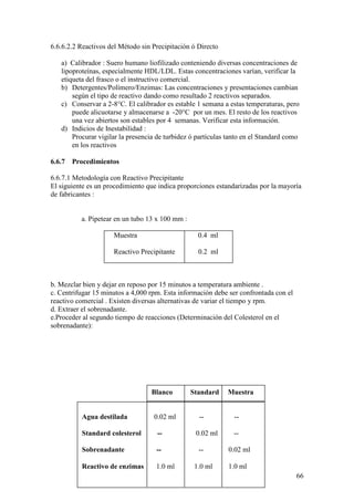 66
6.6.6.2.2 Reactivos del Método sin Precipitación ó Directo
a) Calibrador : Suero humano liofilizado conteniendo diversas concentraciones de
lipoproteínas, especialmente HDL/LDL. Estas concentraciones varían, verificar la
etiqueta del frasco o el instructivo comercial.
b) Detergentes/Polímero/Enzimas: Las concentraciones y presentaciones cambian
según el tipo de reactivo dando como resultado 2 reactivos separados.
c) Conservar a 2-8°C. El calibrador es estable 1 semana a estas temperaturas, pero
puede alicuotarse y almacenarse a -20°C por un mes. El resto de los reactivos
una vez abiertos son estables por 4 semanas. Verificar esta información.
d) Indicios de Inestabilidad :
Procurar vigilar la presencia de turbidez ó partículas tanto en el Standard como
en los reactivos
6.6.7 Procedimientos
6.6.7.1 Metodología con Reactivo Precipitante
El siguiente es un procedimiento que indica proporciones estandarizadas por la mayoría
de fabricantes :
a. Pipetear en un tubo 13 x 100 mm :
Muestra 0.4 ml
Reactivo Precipitante 0.2 ml
b. Mezclar bien y dejar en reposo por 15 minutos a temperatura ambiente .
c. Centrifugar 15 minutos a 4,000 rpm. Esta información debe ser confrontada con el
reactivo comercial . Existen diversas alternativas de variar el tiempo y rpm.
d. Extraer el sobrenadante.
e.Proceder al segundo tiempo de reacciones (Determinación del Colesterol en el
sobrenadante):
Agua destilada 0.02 ml -- --
Standard colesterol -- 0.02 ml --
Sobrenadante -- -- 0.02 ml
Reactivo de enzimas 1.0 ml 1.0 ml 1.0 ml
Blanco Standard Muestra
 