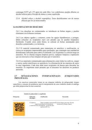 8
contengan 0.075 g/L (75 ppm) de yodo libre. Los yodoformos pueden diluirse en
alcohol etílicos para el lavado de manos o como esporicida.
2.5.4 Alcohol etílico y alcohol isopropilico. Estos desinfectantes son de menos
eficacia que los ya mencionados.
2.6 ELIMINACION DE DESECHOS
2.6.1 Los desechos no contaminados se introducen en bolsas negras y pueden
eliminarse con la basura corriente.
2.6.2 Los objetos agudos y cortantes, como las agujas hipodérmicas y jeringas,
deben colocarse en recipientes rojos con paredes que no puedan traspasarse
fácilmente. Cuando estos estén llenos, se colocan en bolsas anaranjadas para
desechos contaminados y se incineran.
2.6.3 El material contaminado para tratamiento en autoclave y reutilización, se
coloca en recipientes impermeables poco profundos, que contengan una cantidad de
desinfectante suficiente para cubrir el contenido. Los recipientes se colocan luego en
autoclave. No se efectúa ninguna limpieza previa; cualquier limpieza o reparación
que sea necesaria se hace después del paso por el autoclave.
2.6.4 Los materiales contaminados para eliminación como todos los cultivos, sangre
y sueros suelen esterilizarse en autoclaves. La eliminación de las muestras de suero
es muy importante. Cada área debe tener recipientes de basura para descartar las
muestras. Es importante tener presente que al descartar los desechos no producir
aerosoles.
2.7 SEÑALIZACIONES INTERNACIONALES (ETIQUETADOS
PRINCIPALES)
Los reactivos comerciales tienen en sus etiquetas símbolos de peligrosidad ,riesgos
específicos y consejos de prudencia, para la interpretación de estos símbolos acudir al catálogo
que debe proporcionar la casa comercial.
Símbolos de peligrosidad y su significado
Pictograma Indicación Clasificación Precaución
del peligro
E Explosivo Según resultados experimentales Evitar choque, percusión, fricción
según la prescripción de declaración formación de chispas, fuego y
y control de la ley de productos acción del calor.
químicos (R.F.A.).
 