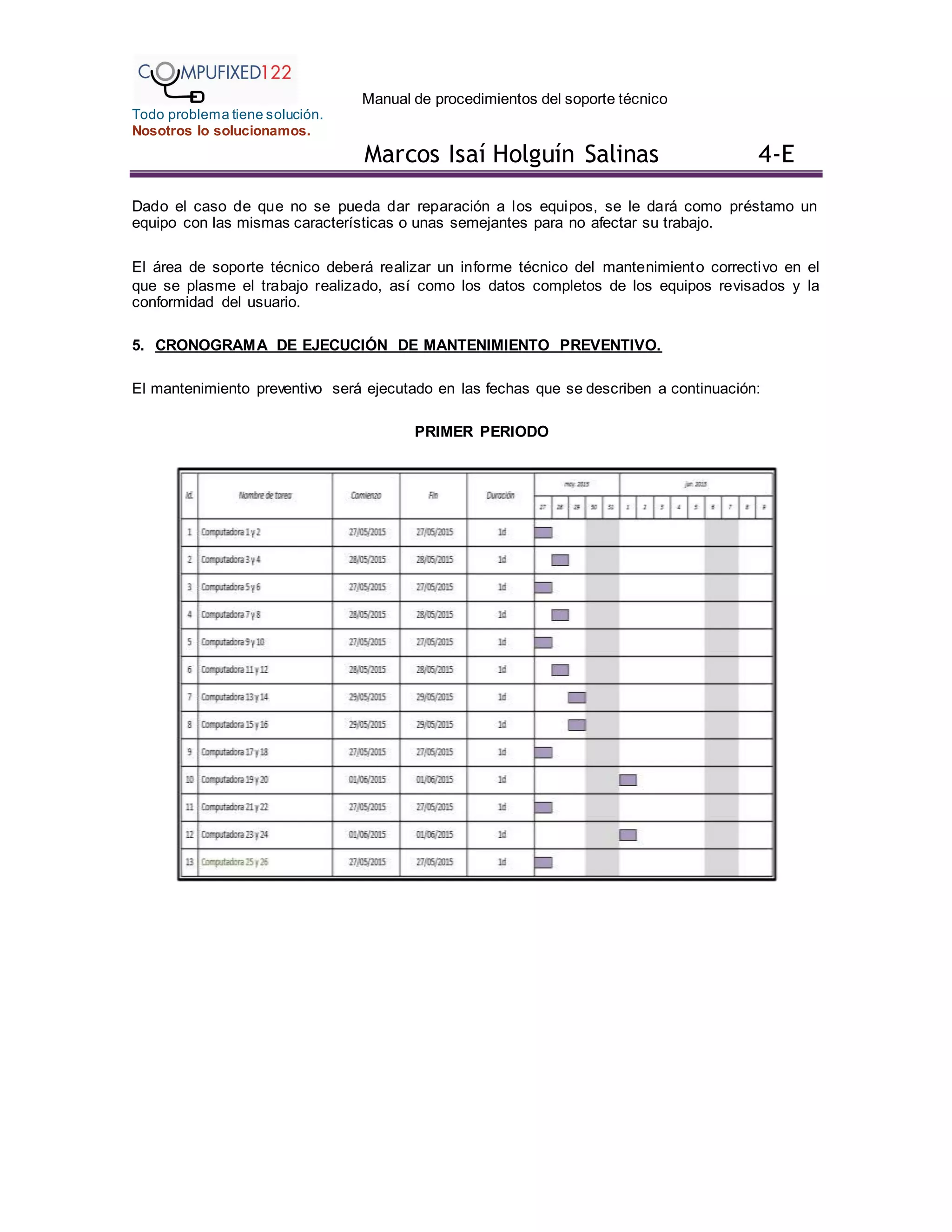 Manual de procedimientos del soporte técnico
Todo problema tiene solución.
Nosotros lo solucionamos.
Marcos Isaí Holguín Salinas 4-E
Dado el caso de que no se pueda dar reparación a los equipos, se le dará como préstamo un
equipo con las mismas características o unas semejantes para no afectar su trabajo.
El área de soporte técnico deberá realizar un informe técnico del mantenimiento correctivo en el
que se plasme el trabajo realizado, así como los datos completos de los equipos revisados y la
conformidad del usuario.
5. CRONOGRAMA DE EJECUCIÓN DE MANTENIMIENTO PREVENTIVO.
El mantenimiento preventivo será ejecutado en las fechas que se describen a continuación:
PRIMER PERIODO
 