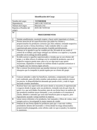 N°
PROCEDIMIENTOS
1 Saludar amablemente, mostrarle respeto y hacer sentir importante al cliente.
2 Prestar atención de las especificaciones que pidan los clientes y
proporcionarles los productos correctos que ellos ordenen, tomando respectiva
nota por escrito o forma electrónica. Cada vendedor debe ir a cada
supermercado para retomar nuevamente el pedido periódicamente.
3 Plasmar en la agenda lo que ha vendido por día, llevando de ese modo el
control de su trabajo, para luego entregar ese informe a su superior y se pueda
proceder con la entrega de dicho pedido.
4 Se debe acercar a aquellos supermercados o tiendas que no son clientes del
grupo, y se debe ofrecer el catalogo con la variedad de productos, que en el
respectivo negocio pueda tener, pero a la vez algo nuevo que quiera
incursionar, dejándoles el número de teléfono donde lo puedan comunicar si
en llegado caso les interesa algún artículo.
5 Dar a conocer las promociones que puedan interesar al comprador, y los
obsequios que la compañía le pueda regalar por ser cliente del grupo.
6 Conocer entender y saber los beneficios, nutrientes, componentes de lo que
está vendiendo, para ello debe estudiar cada producto, pero también conocer
los precios, la disponibilidad de demanda que pueda existir, y todo lo logra
haciendo estudios detallados.
7 Realizar hacer una supervisión del sector donde se encuentra el supermercado
o negocio donde el grupo surte sus productos, tomando nota de qué clase de
gente vive, que actividades frecuentan; para de esa forma hacer un análisis de
que productos tendrían mayor demanda, y esos resultados se le muestran al
cliente, dándole a entender que sería más beneficios para su negocio, pero
lógicamente sacando ventaja también la empresa.
8 tomar cursos referentes a los productos, leer manuales o libros de ventas, estar
siempre activo e investigando la mejor manera de vender
9 Ordenar de una forma rápida los productos para que s vean más visibles,
poniéndolos delante del mostrador o vitrina donde los tenga almacenados;
proporcionarle propaganda, como afiches cada vez que se pueda y la empresa
lo suministre.
Identificación del Cargo
Nombre del cargo: VENDEDOR
Dependencia: AREA DE VENTAS
Número de Cargos Dieciséis (16)
Reporta a (Nombre del
cargo):
JEFE DE VENTAS
 