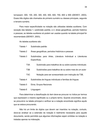 34



tornassem: 000, 100, 200, 300, 400, 500, 600, 700, 800 e 900 (DEWEY, 2003).
Esses três dígitos são chamados de primeiro sumário ou classes principais, segundo
e terceiro sumário.

      Para maior especificidade na notação são utilizadas tabelas auxiliares. Com
exceção das tabelas 1, subdivisão padrão, e 2, áreas geográficas, período histórico
e pessoas; as tabelas auxiliares só podem ser usadas quando na tabela principal for
recomendado (DEWEY, 2003).

      As tabelas auxiliares são:

      Tabela 1        Subdivisão padrão

      Tabela 2        Áreas geográficas, períodos históricos e pessoas

      Tabela 3        Subdivisões para Artes, Literatura Individual e Literaturas
                      Específicas.

              T3A           Subdivisão para trabalhos de ou sobre autores individuais

              T3B           Subdivisões para trabalhos de ou sobre mais de um autor

              T3C           Notação para ser acrescentada com instrução da T3B.

      Tabela 4        Subdivisões de línguas individuais e famílias de línguas

      Tabela 5        Etnia, Grupos Nacionais

      Tabela 6        Linguagem

      Para determinar a classificação do item deve-se procurar no índice por termos
que expressem o mesmo significado ou o próprio termo. Quando encontrado, deve-
se procurá-lo na tabela principal e verificar se a notação encontrada significa aquilo
que se estava procurando.

      Não há um limite de dígitos que devem ser inseridos na notação, contudo,
deve-se analisar se a extensão da notação é realmente necessária para aquele
documento, sendo permitido que algumas informações sejam omitidas na notação e
tratadas apenas na indexação.
 