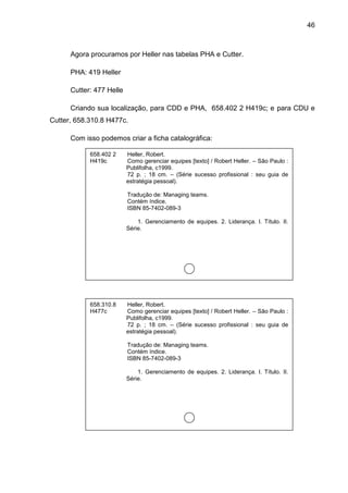 46



      Agora procuramos por Heller nas tabelas PHA e Cutter.

      PHA: 419 Heller

      Cutter: 477 Helle

      Criando sua localização, para CDD e PHA, 658.402 2 H419c; e para CDU e
Cutter, 658.310.8 H477c.

      Com isso podemos criar a ficha catalográfica:

            658.402 2     Heller, Robert.
            H419c         Como gerenciar equipes [texto] / Robert Heller. – São Paulo :
                          Publifolha, c1999.
                          72 p. ; 18 cm. – (Série sucesso profissional : seu guia de
                          estratégia pessoal).

                          Tradução de: Managing teams.
                          Contém índice.
                          ISBN 85-7402-089-3

                              1. Gerenciamento de equipes. 2. Liderança. I. Título. II.
                          Série.




            658.310.8     Heller, Robert.
            H477c         Como gerenciar equipes [texto] / Robert Heller. – São Paulo :
                          Publifolha, c1999.
                          72 p. ; 18 cm. – (Série sucesso profissional : seu guia de
                          estratégia pessoal).

                          Tradução de: Managing teams.
                          Contém índice.
                          ISBN 85-7402-089-3

                              1. Gerenciamento de equipes. 2. Liderança. I. Título. II.
                          Série.
 