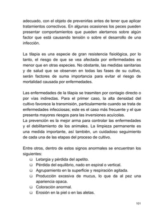 101
adecuado, con el objeto de prevenirlas antes de tener que aplicar
tratamientos correctivos. En algunas ocasiones los peces pueden
presentar comportamientos que pueden alertarnos sobre algún
factor que está causando tensión o sobre el desarrollo de una
infección.
La tilapia es una especie de gran resistencia fisiológica, por lo
tanto, el riesgo de que se vea afectada por enfermedades es
menor que en otras especies. No obstante, las medidas sanitarias
y de salud que se observen en todas las fases de su cultivo,
serán factores de suma importancia para evitar el riesgo de
mortalidad causada por enfermedades.
Las enfermedades de la tilapia se trasmiten por contagio directo o
por vías indirectas. Para el primer caso, la alta densidad del
cultivo favorece la transmisión, particularmente cuando se trata de
enfermedades infecciosas; este es el caso más frecuente y el que
presenta mayores riesgos para las inversiones acuícolas.
La prevención es la mejor arma para controlar las enfermedades
y el debilitamiento de los animales. La limpieza permanente es
una medida importante, así también, un cuidadoso seguimiento
de cada una de las etapas del proceso de cultivo.
Entre otros, dentro de estos signos anormales se encuentran los
siguientes:
ü Letargia y pérdida del apetito.
ü Pérdida del equilibrio, nado en espiral o vertical.
ü Agrupamiento en la superficie y respiración agitada.
ü Producción excesiva de mucus, lo que da al pez una
apariencia opaca.
ü Coloración anormal.
ü Erosión en la piel o en las aletas.
 
